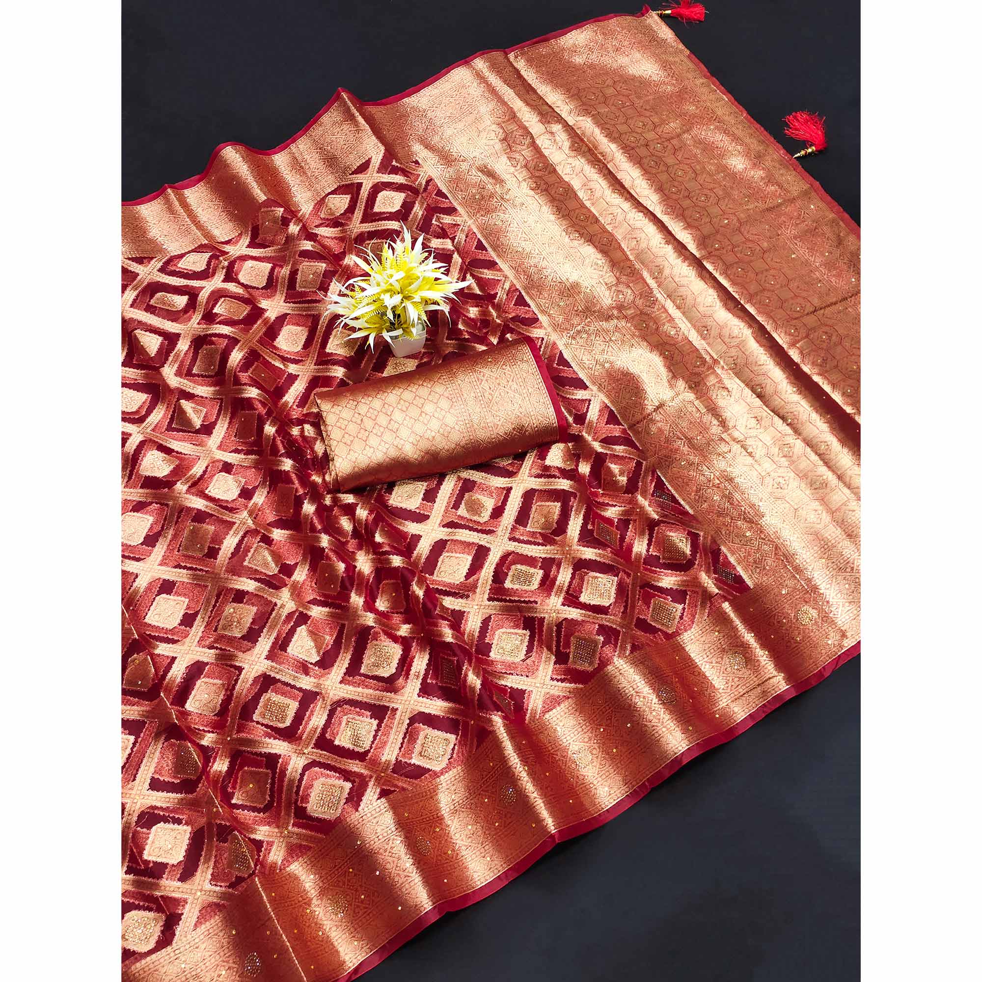 Cherry Red Woven With Stonework Organza Jacquard Saree - Image 4