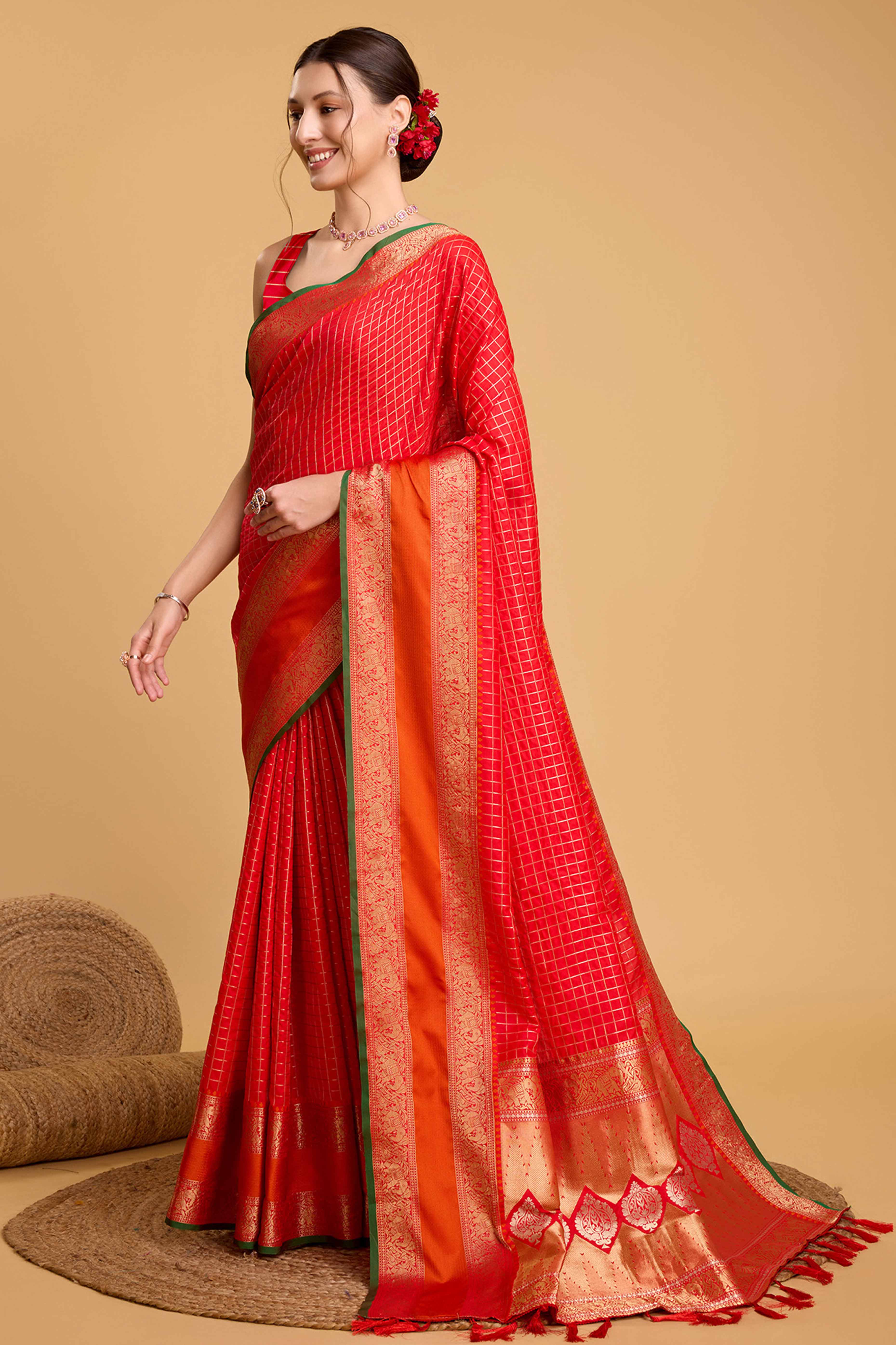 Cherry Red Zari Weaving Banarasi Silk Saree - Image 4