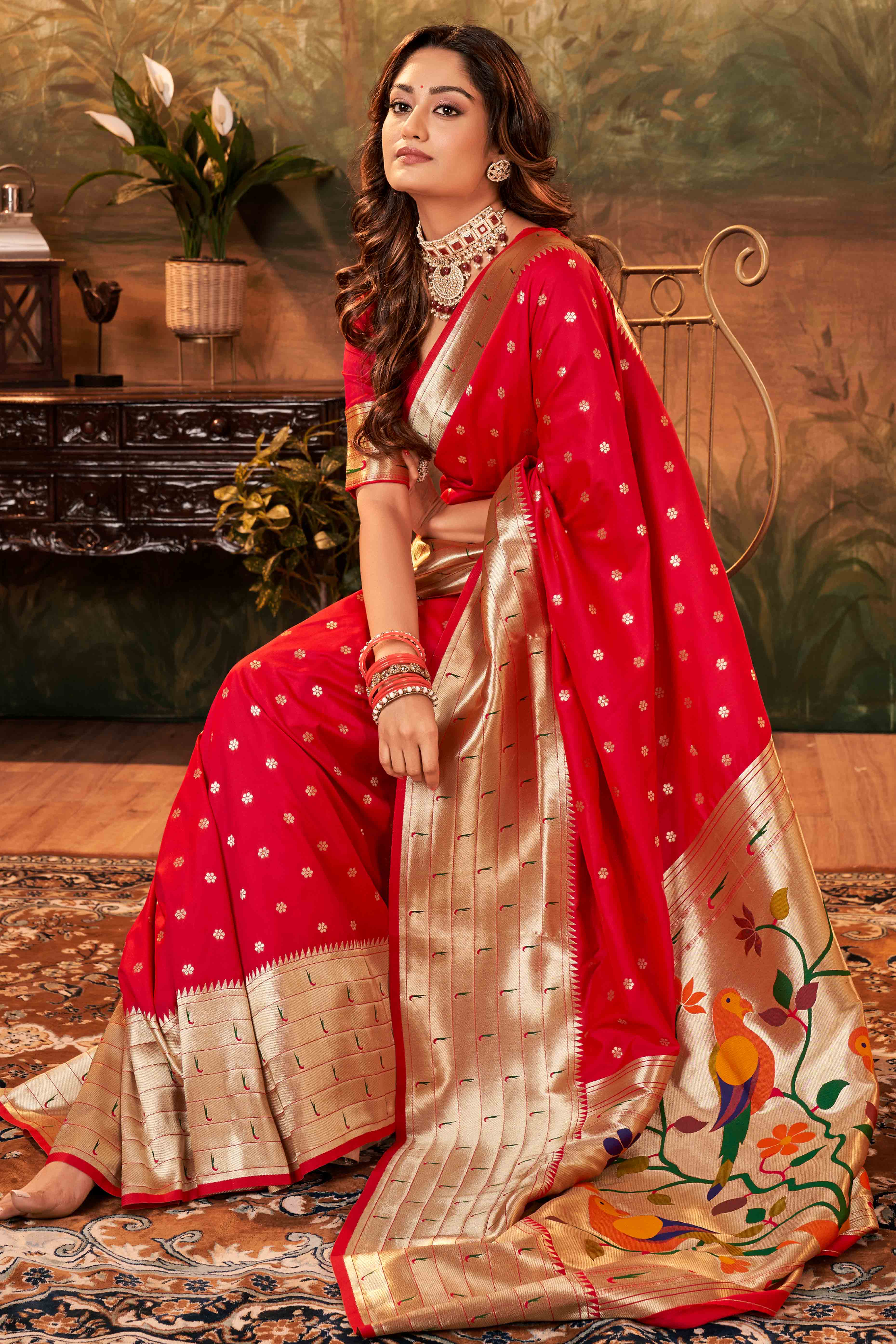 Cherry Red Zari Weaving Pure Silk Paithani Saree - Image 3