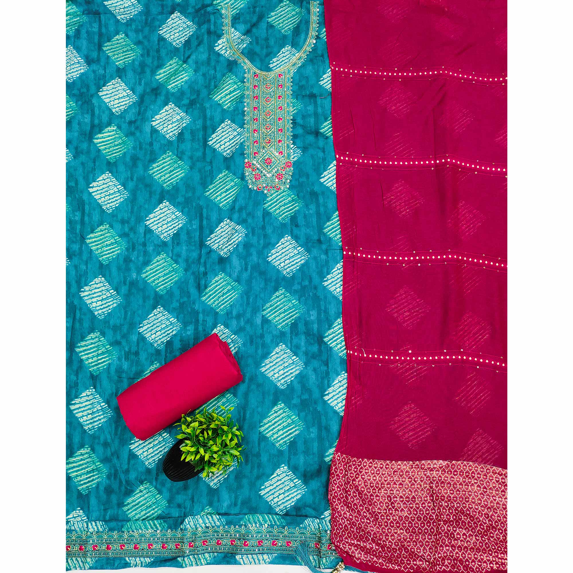 Chic Blue Geometric Print Cotton Blend Dress Material With Stylish Floral Neck Embroidery - Image 3