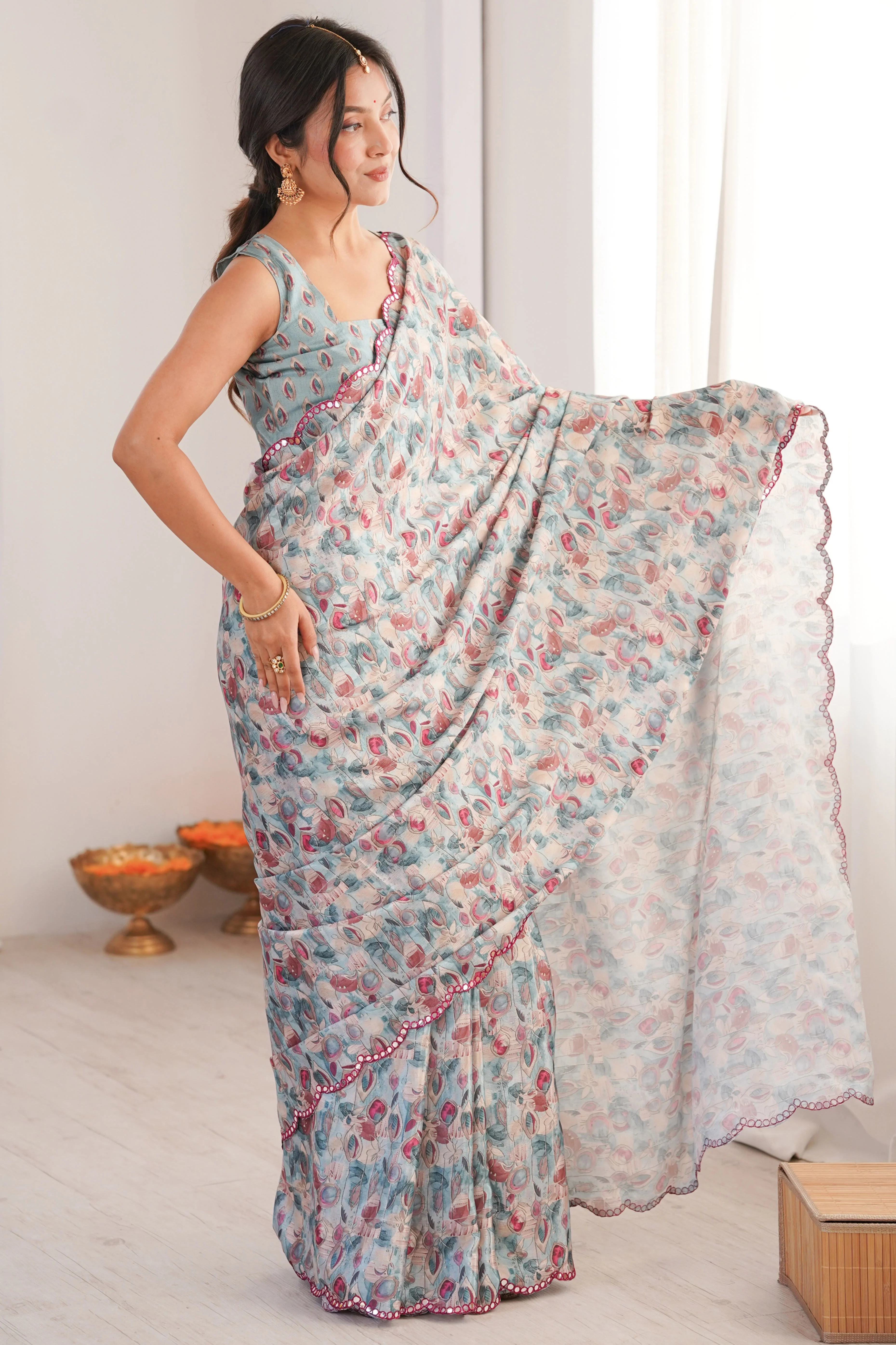 Chic Grey Floral Pattern Digital Printed Chinon Saree With Delicate Embroidered Border Detailing - Image 6