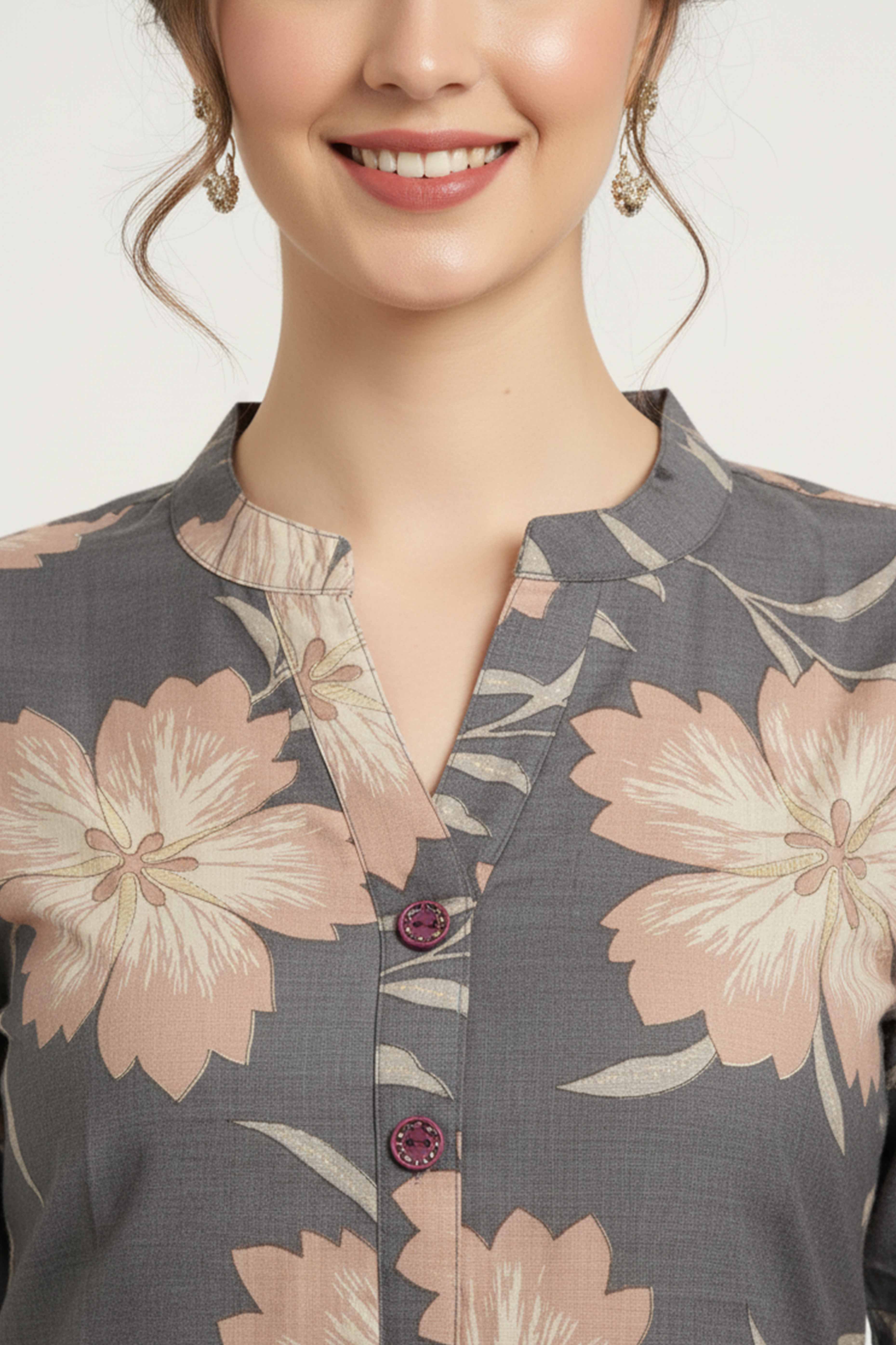 Chic Light Grey Straight Cut Kurti In Linen Vatican With Floral Print Detailing - Image 2