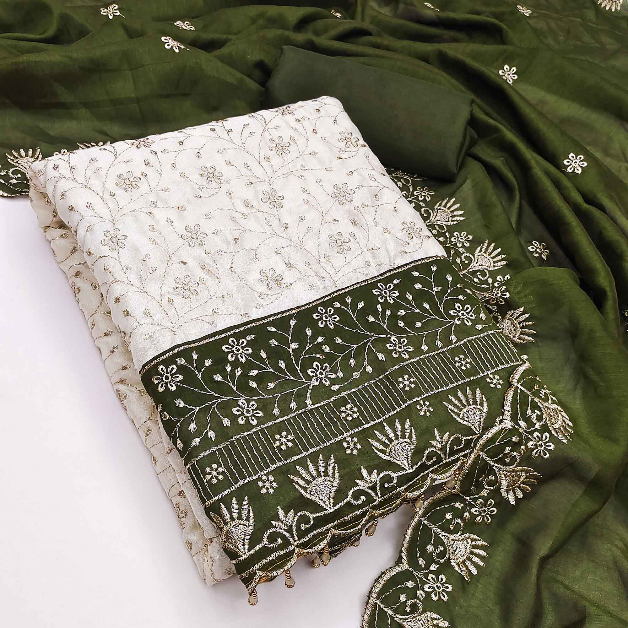 Chic OffWhite & Mehendi Green Vichitra Silk Dress Material Adorned With Floral Embroidery - Image 3