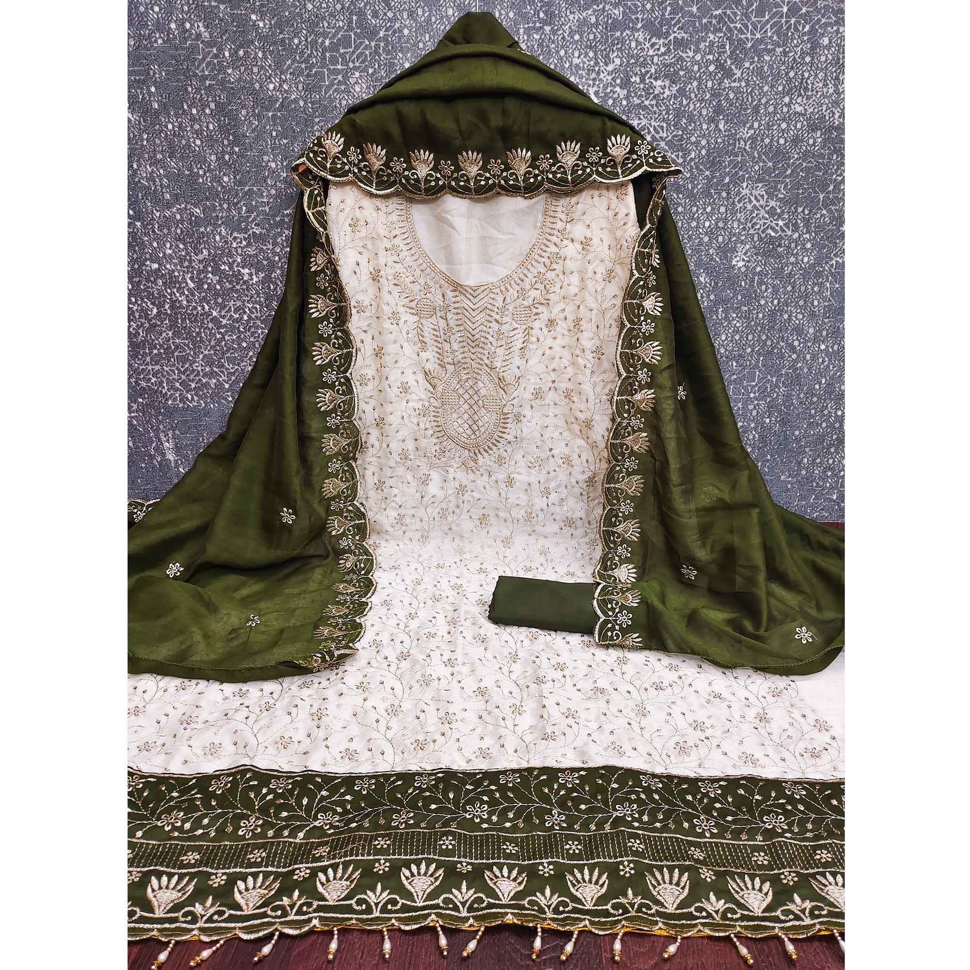 Chic OffWhite & Mehendi Green Vichitra Silk Dress Material Adorned With Floral Embroidery - Image 4