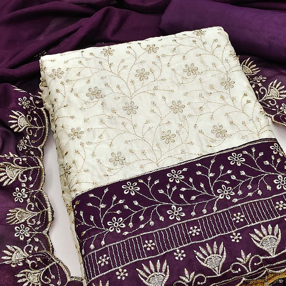 Chic OffWhite & Purple Vichitra Silk Dress Material Adorned With Floral Embroidery - Image 2