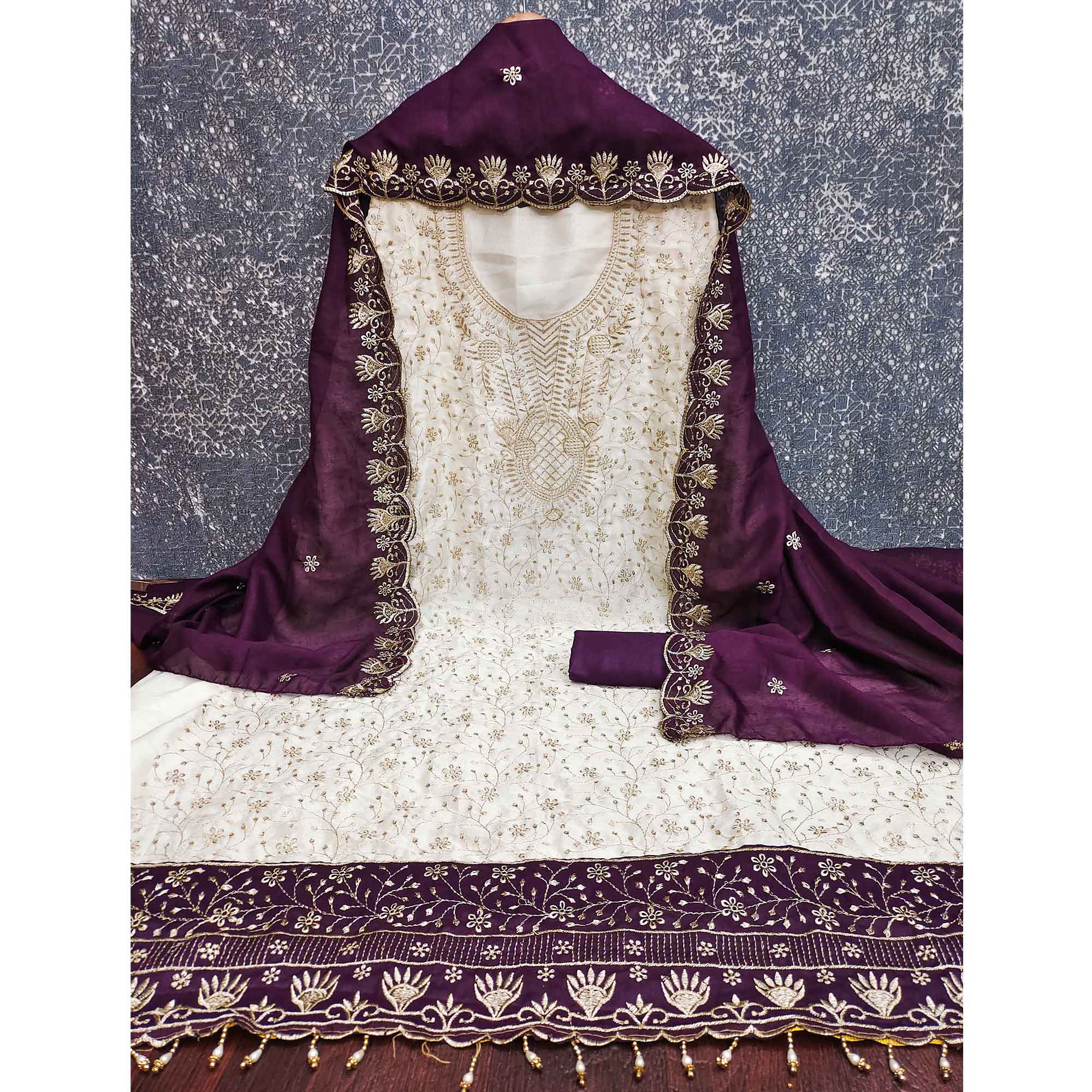 Chic OffWhite & Purple Vichitra Silk Dress Material Adorned With Floral Embroidery - Image 4