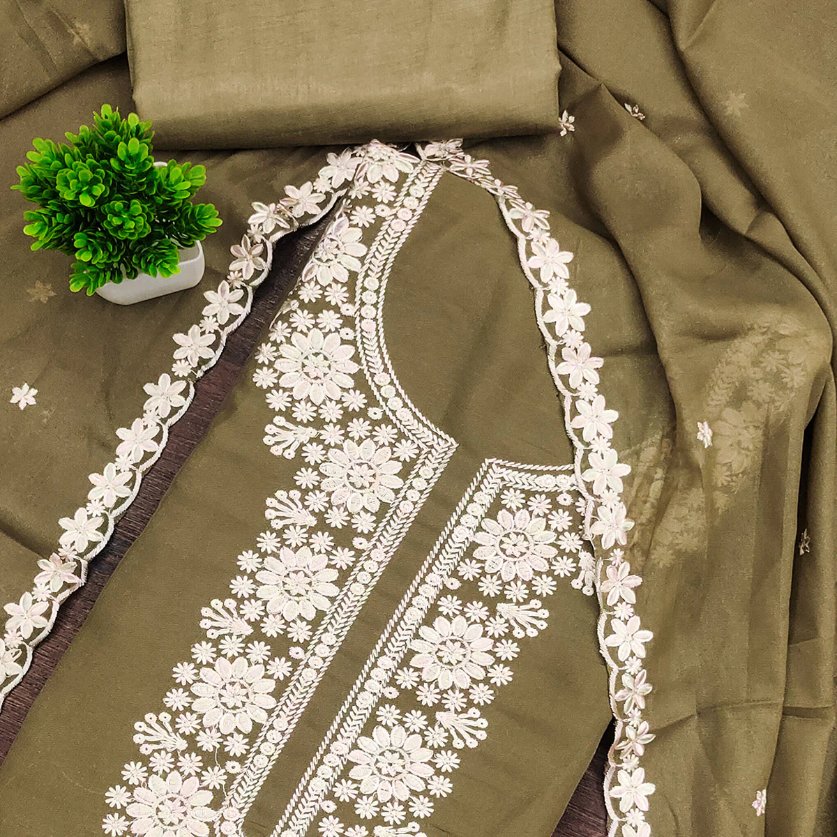 Chic Olive Floral Thread Embroidered Star Georgette Unstitched Suit Fabric - Image 2