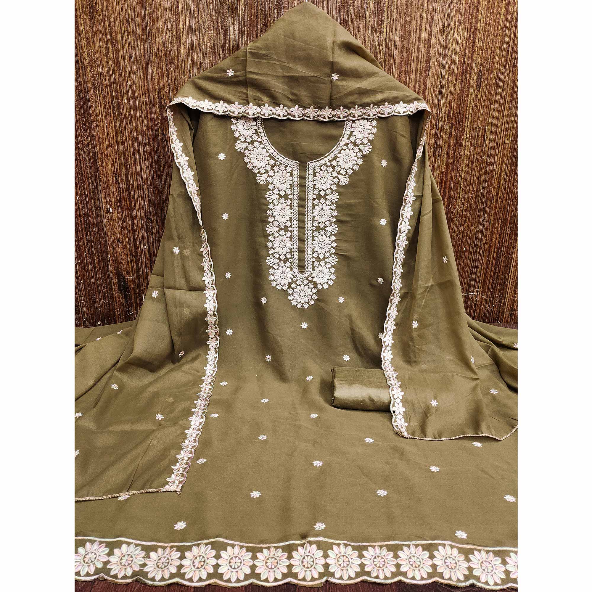 Chic Olive Floral Thread Embroidered Star Georgette Unstitched Suit Fabric - Image 3