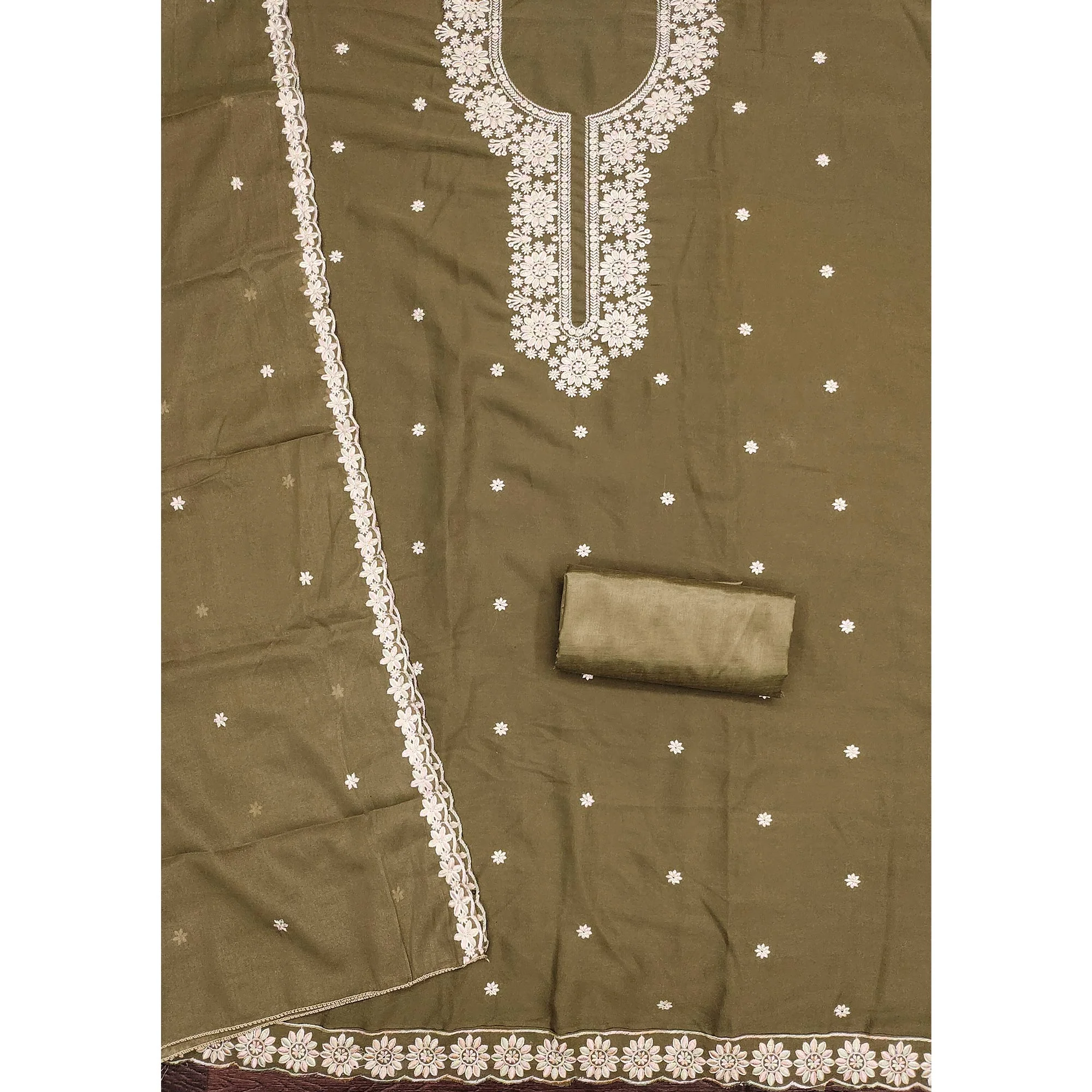 Chic Olive Floral Thread Embroidered Star Georgette Unstitched Suit Fabric - Image 4