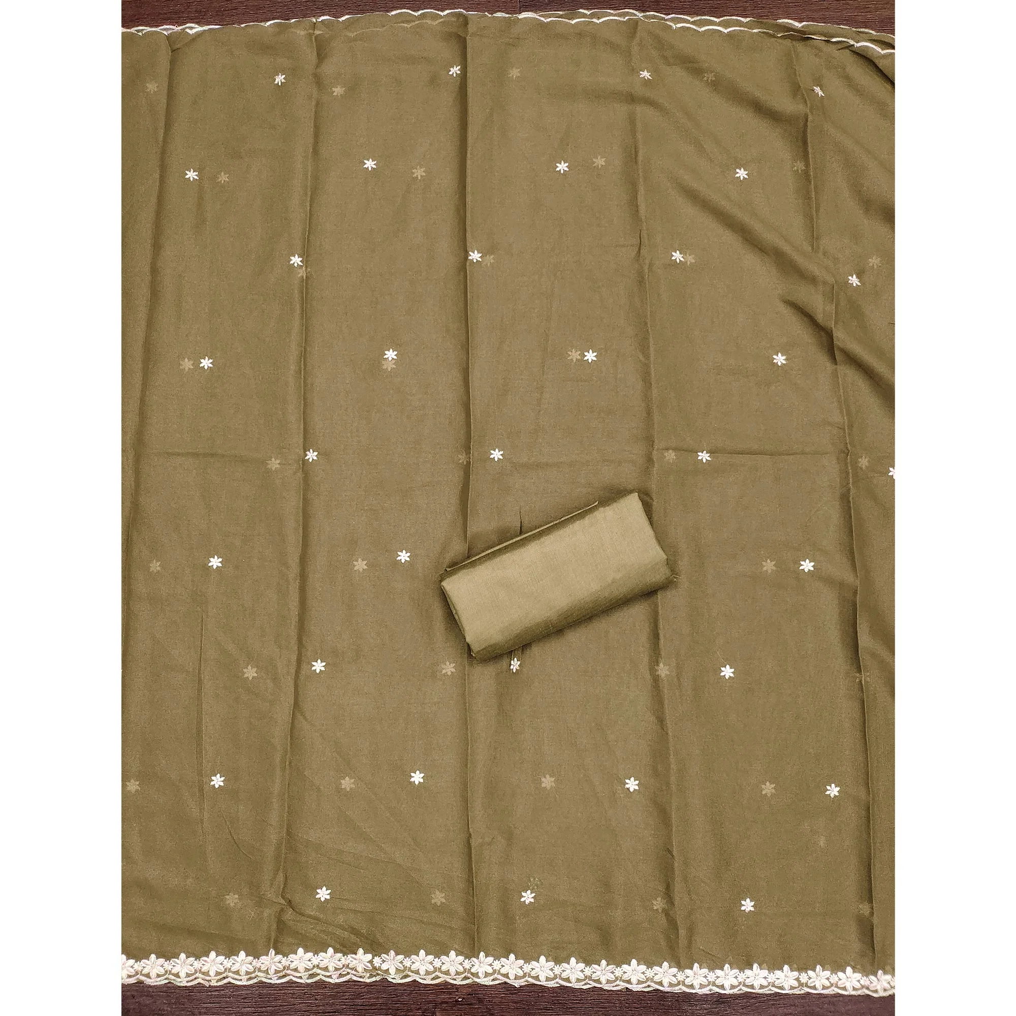 Chic Olive Floral Thread Embroidered Star Georgette Unstitched Suit Fabric - Image 5