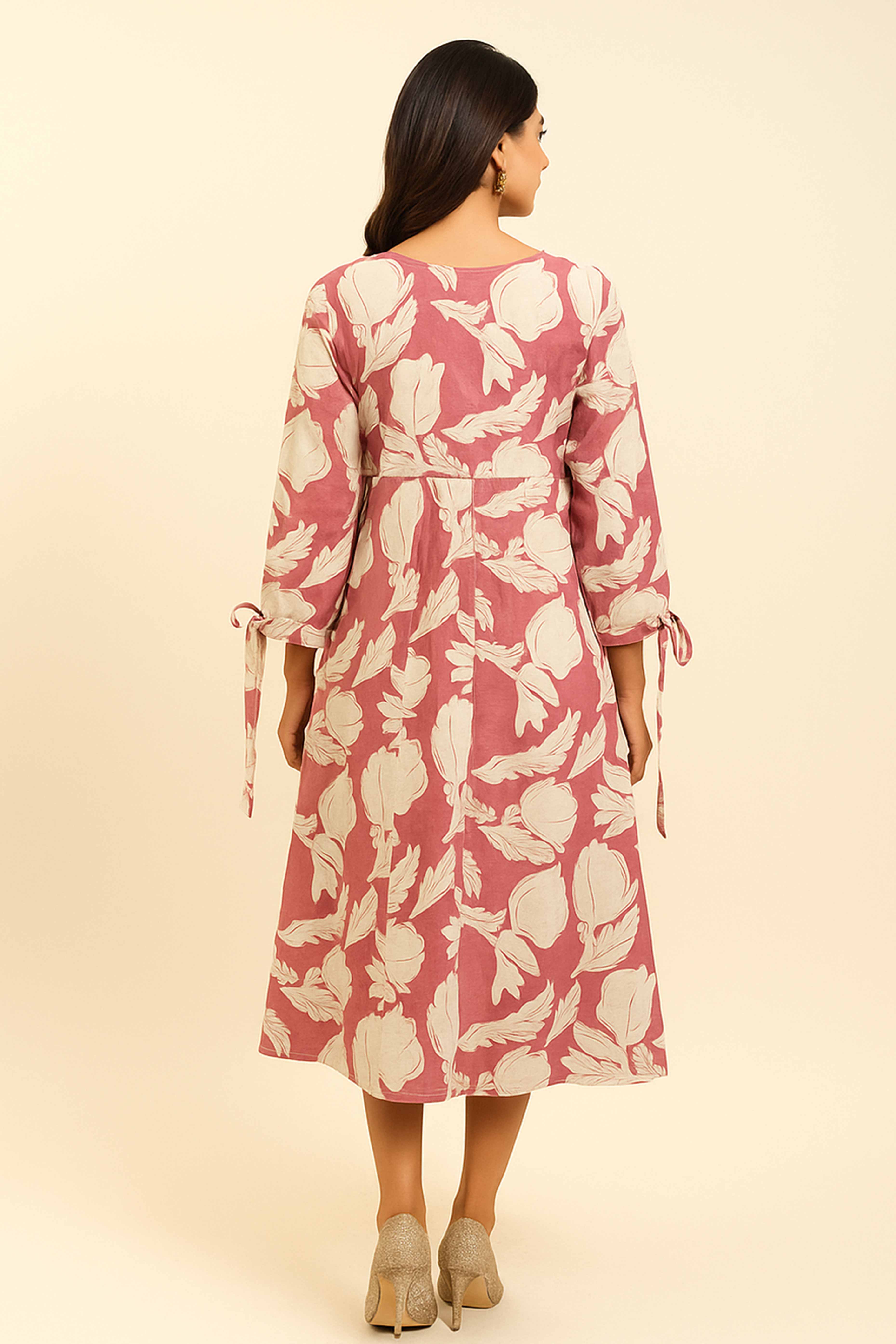 Chic Pink Pure Cotton Midi Dress with Delicate Floral Print - Image 3