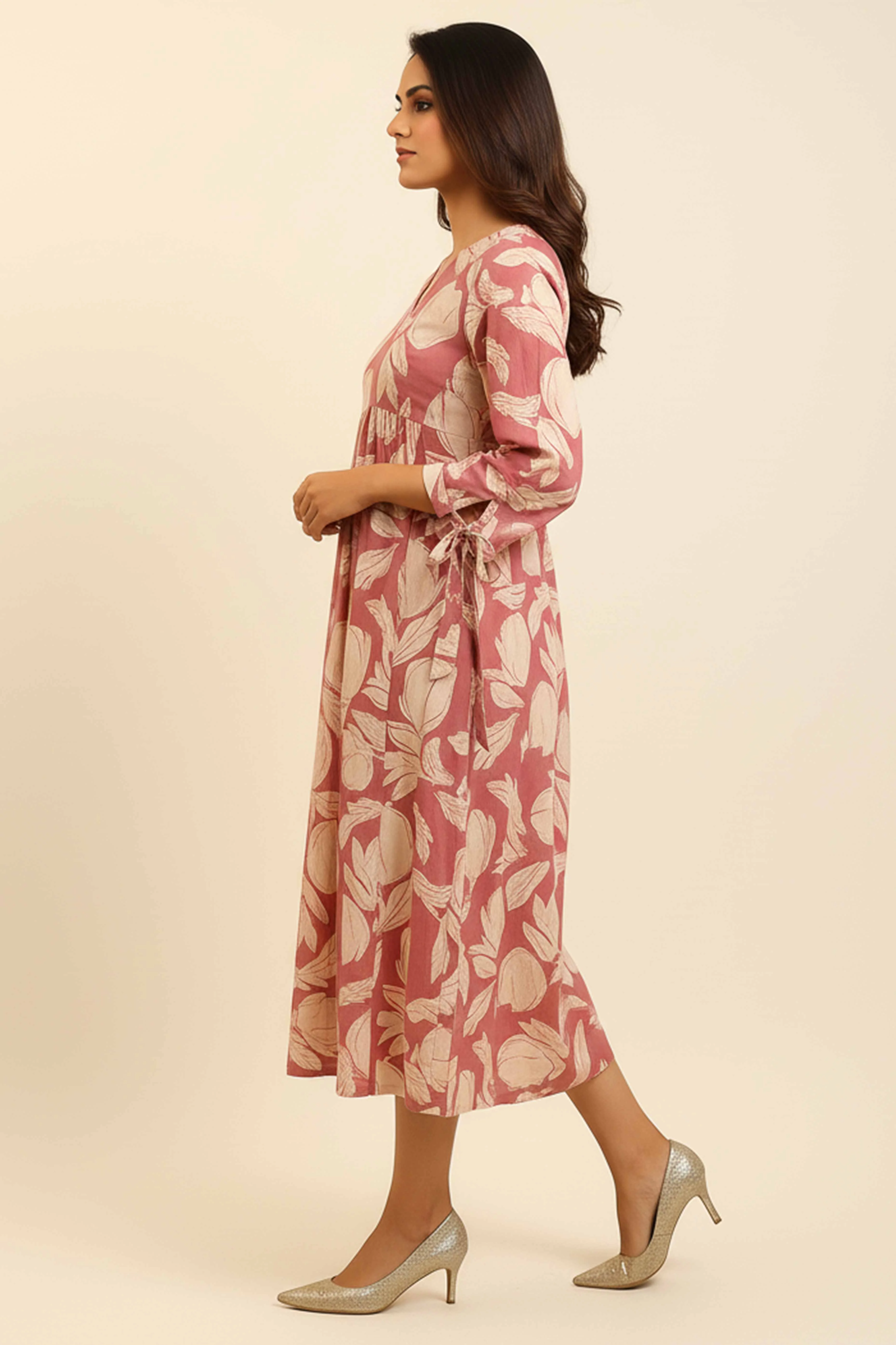 Chic Pink Pure Cotton Midi Dress with Delicate Floral Print - Image 4