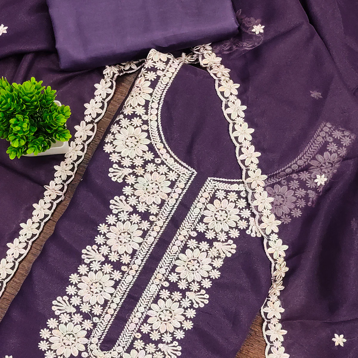 Chic Purple Floral Thread Embroidered Star Georgette Unstitched Suit Fabric - Image 2