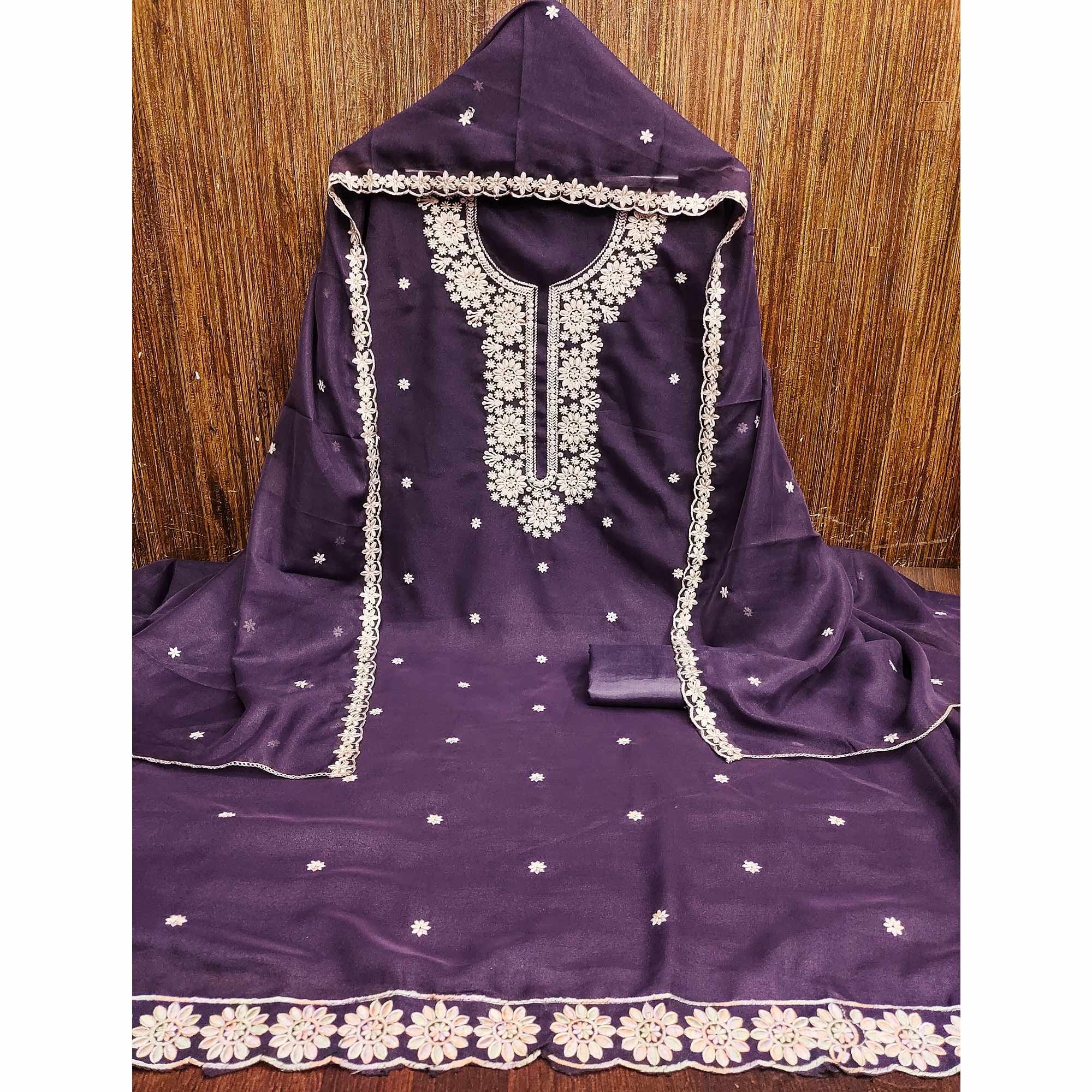Chic Purple Floral Thread Embroidered Star Georgette Unstitched Suit Fabric - Image 3
