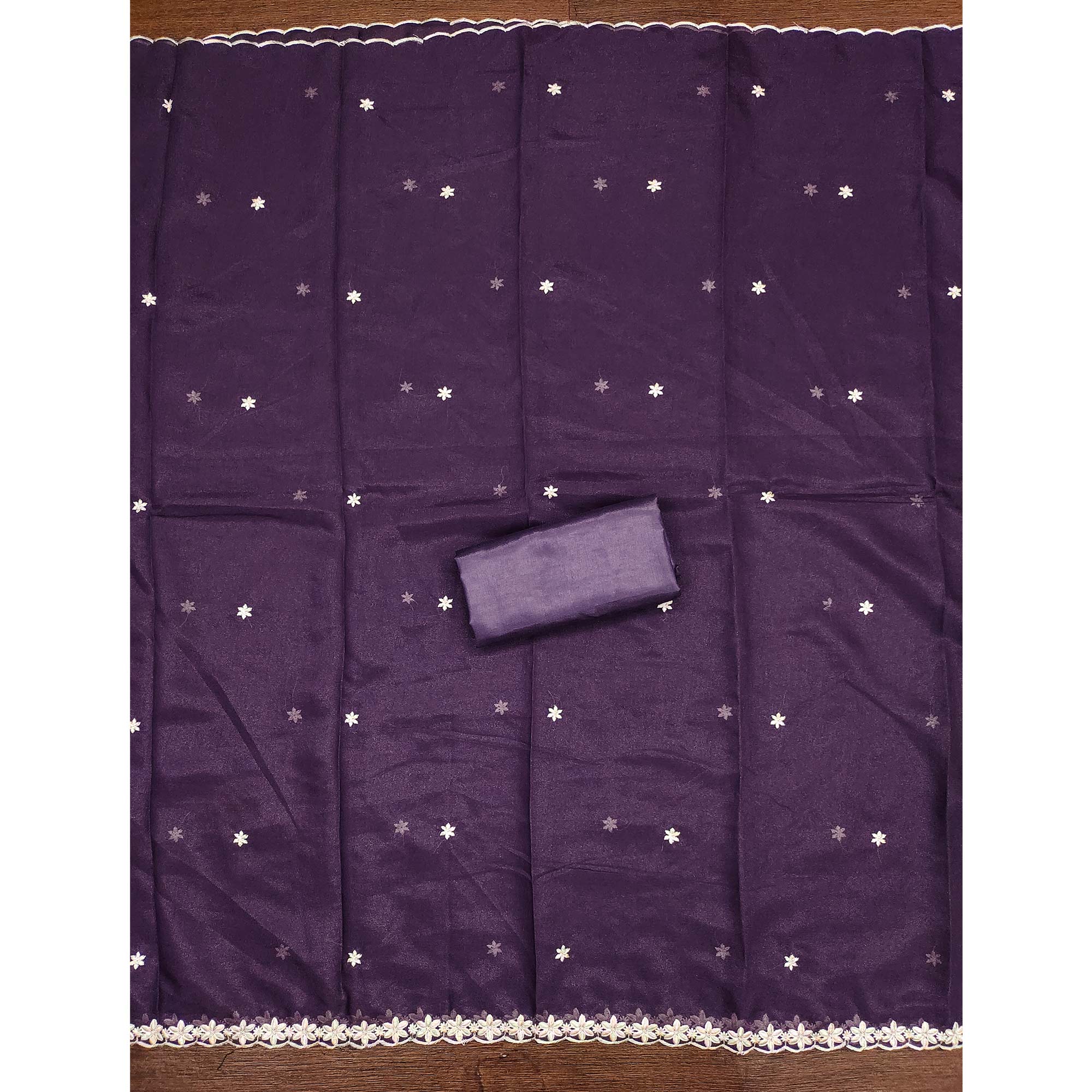 Chic Purple Floral Thread Embroidered Star Georgette Unstitched Suit Fabric - Image 5