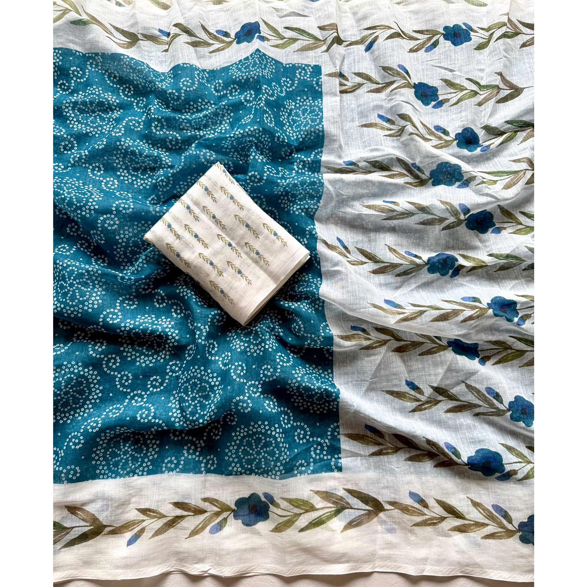 Chic Teal Linen Saree Featuring Bandhani & Floral Digital Prints - Image 3