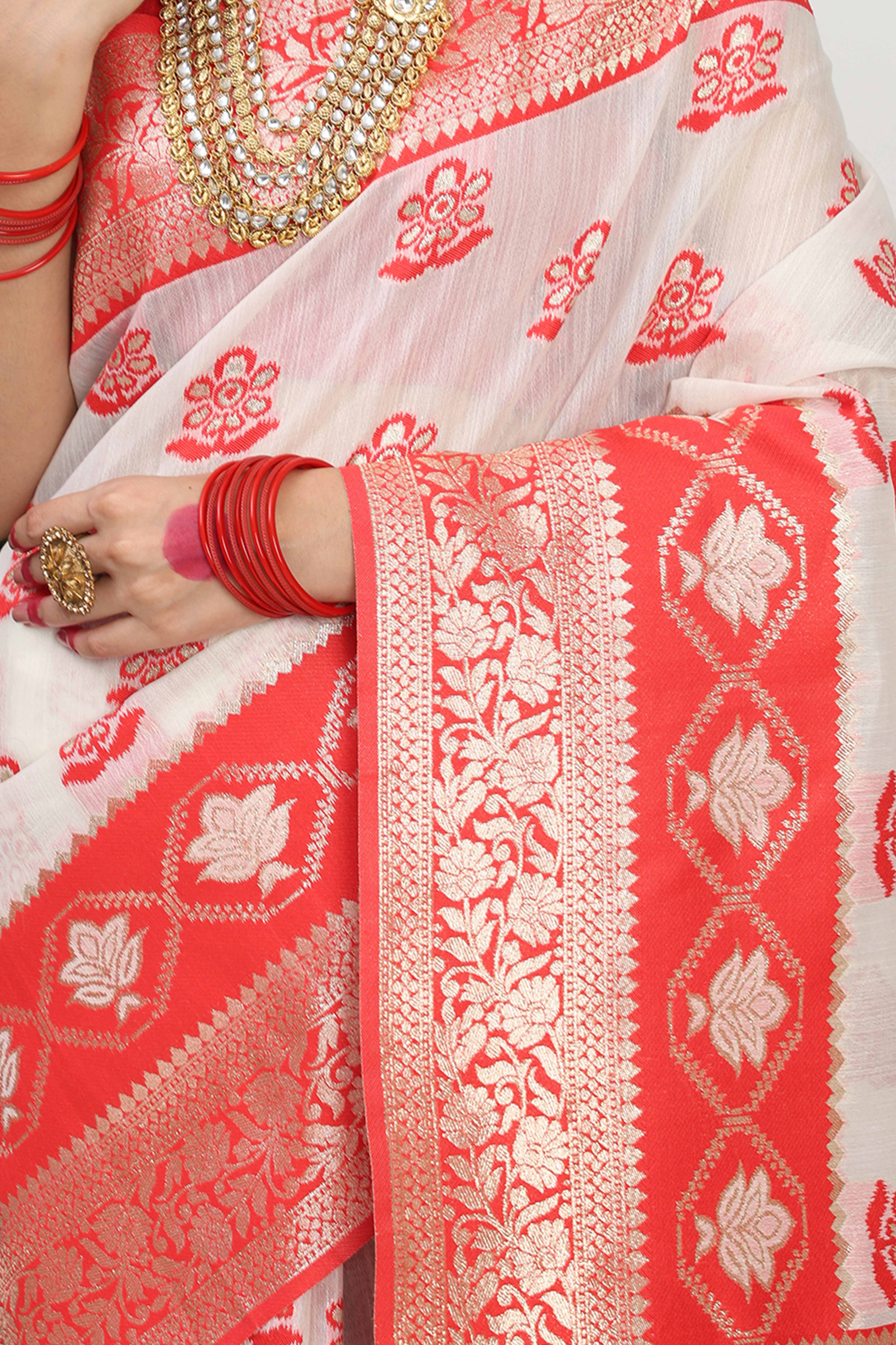 Chic White & Red  Saree In Linen Cotton Flaunting Traditional Zari Weaving And A Tasselled Edge - Image 8