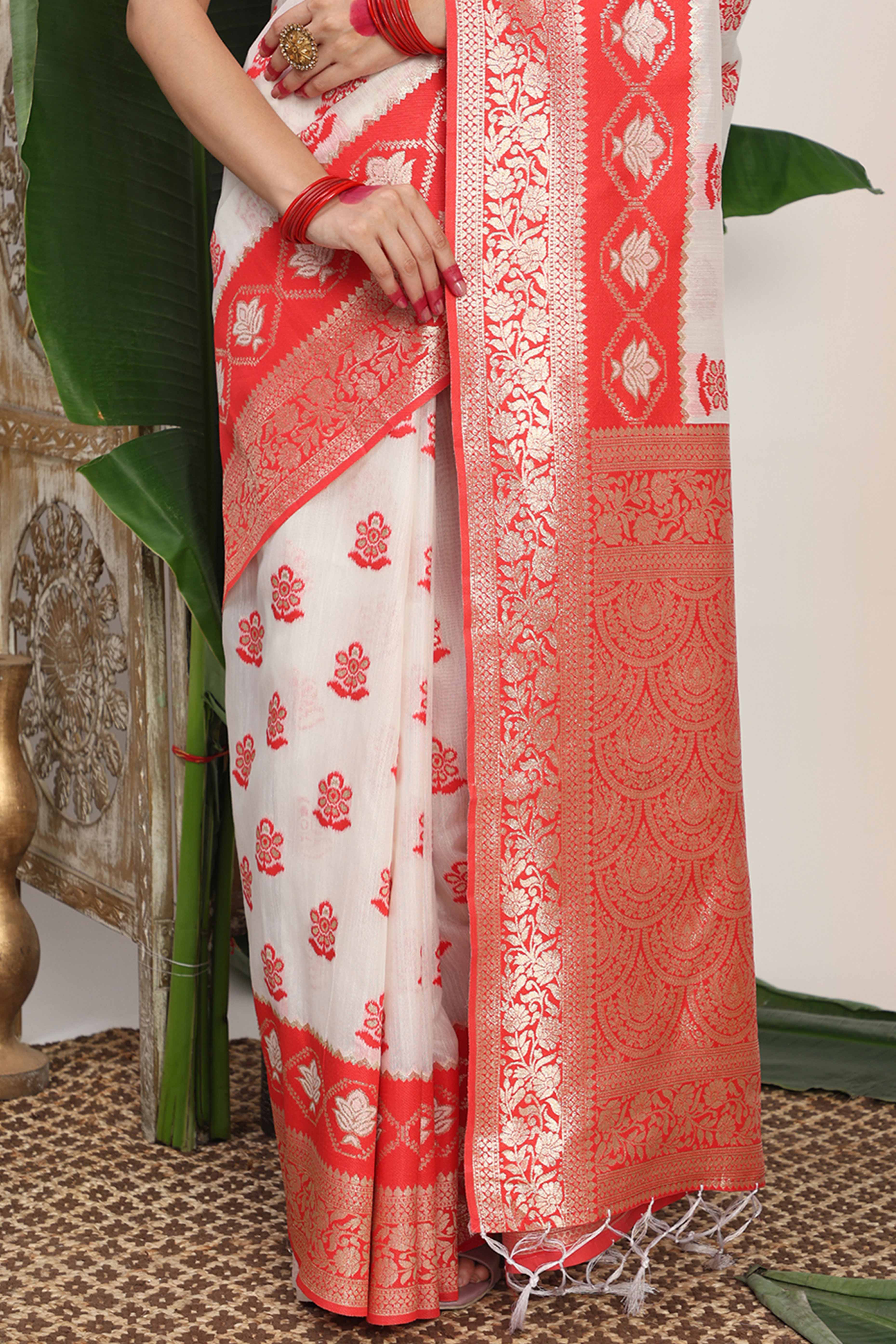 Chic White & Red  Saree In Linen Cotton Flaunting Traditional Zari Weaving And A Tasselled Edge - Image 9