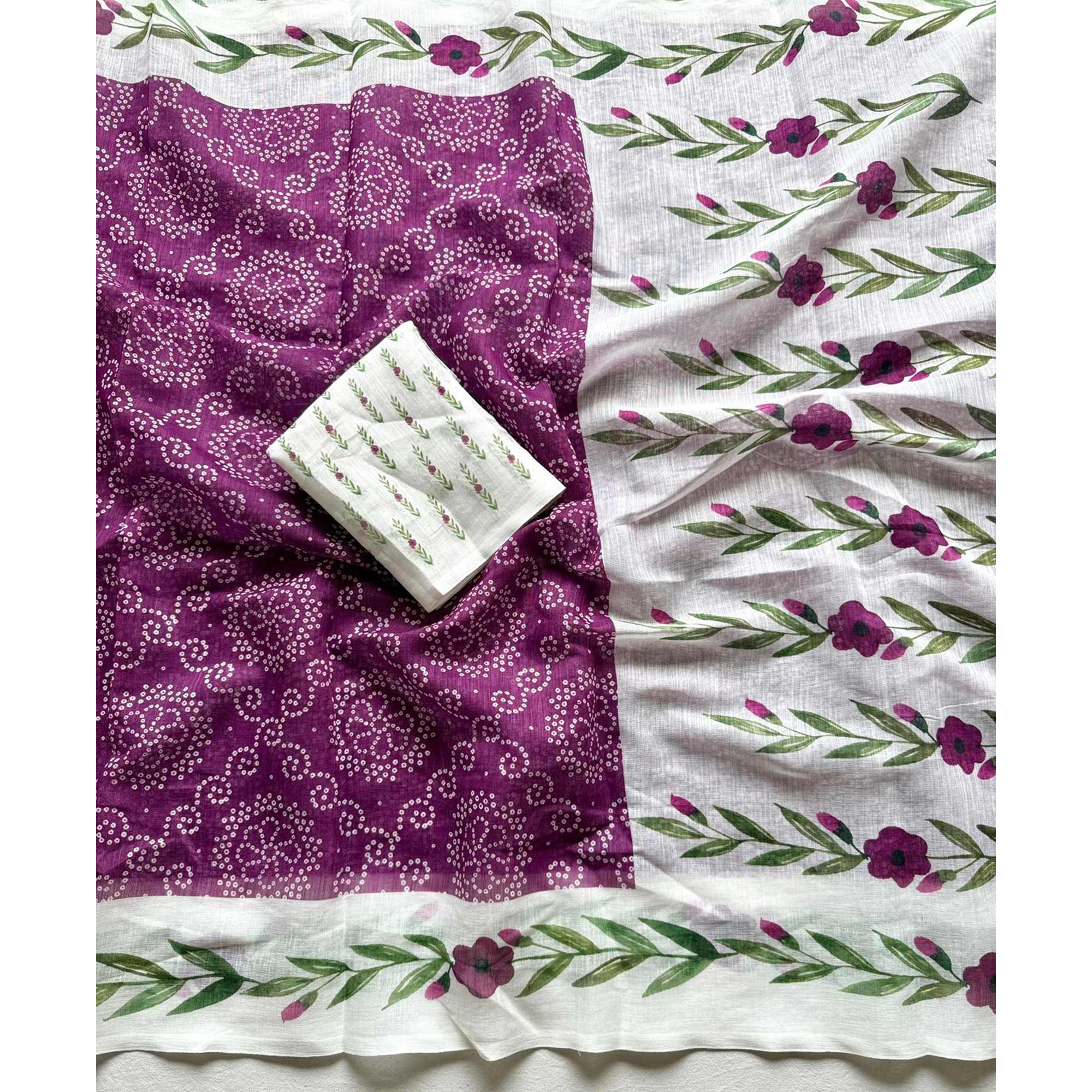 Chic Wine Linen Saree Featuring Bandhani & Floral Digital Prints - Image 3