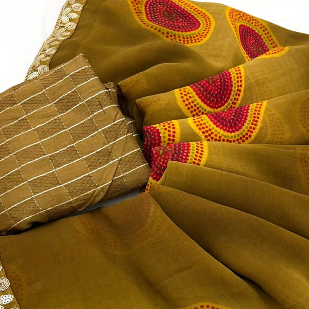 Chikoo Bandhani Printed Georgette Saree With Sequins Border - Image 2