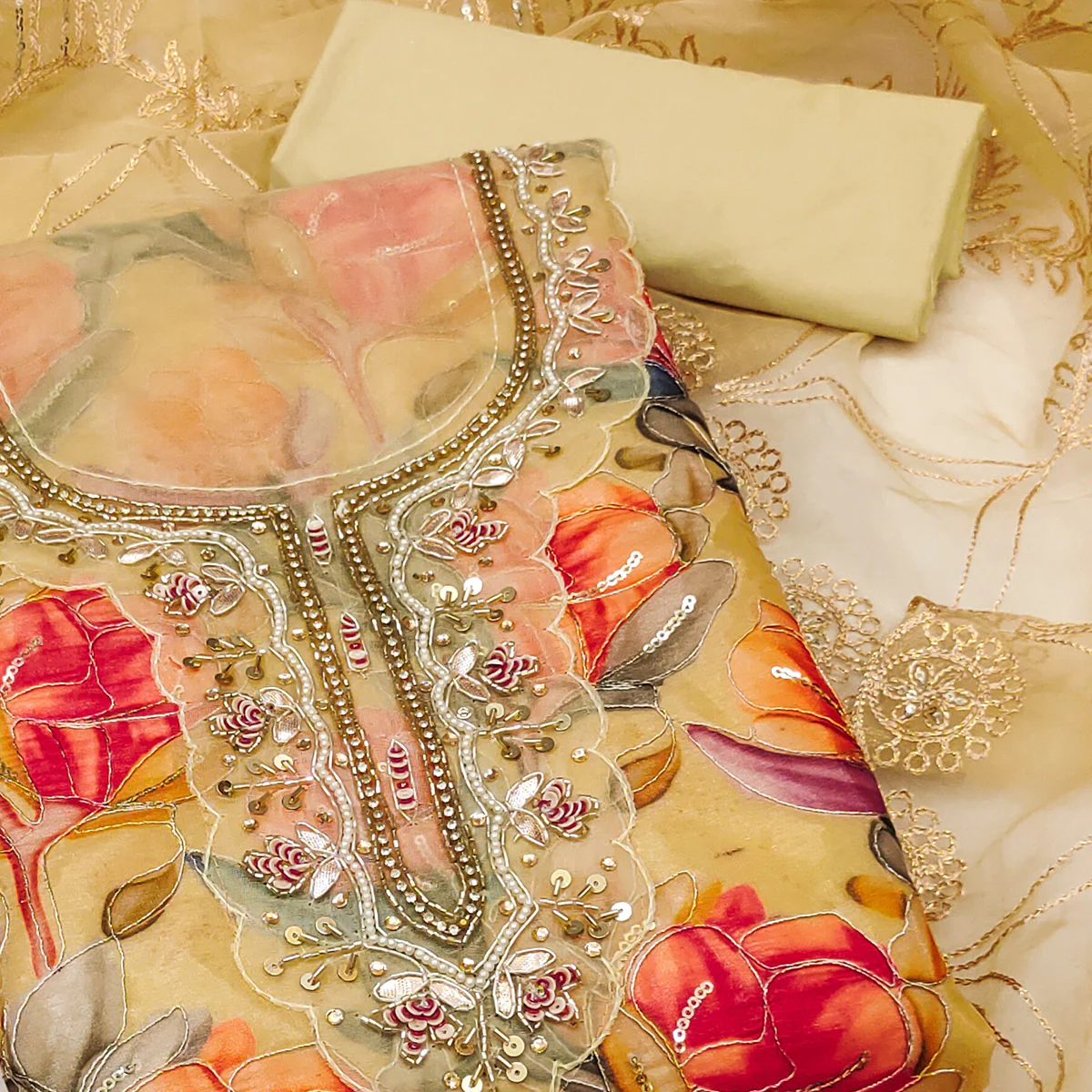 Chikoo Bloom Charm With Floral Print & Delicate Sequins & Moti Handwork Dress Material - Image 2