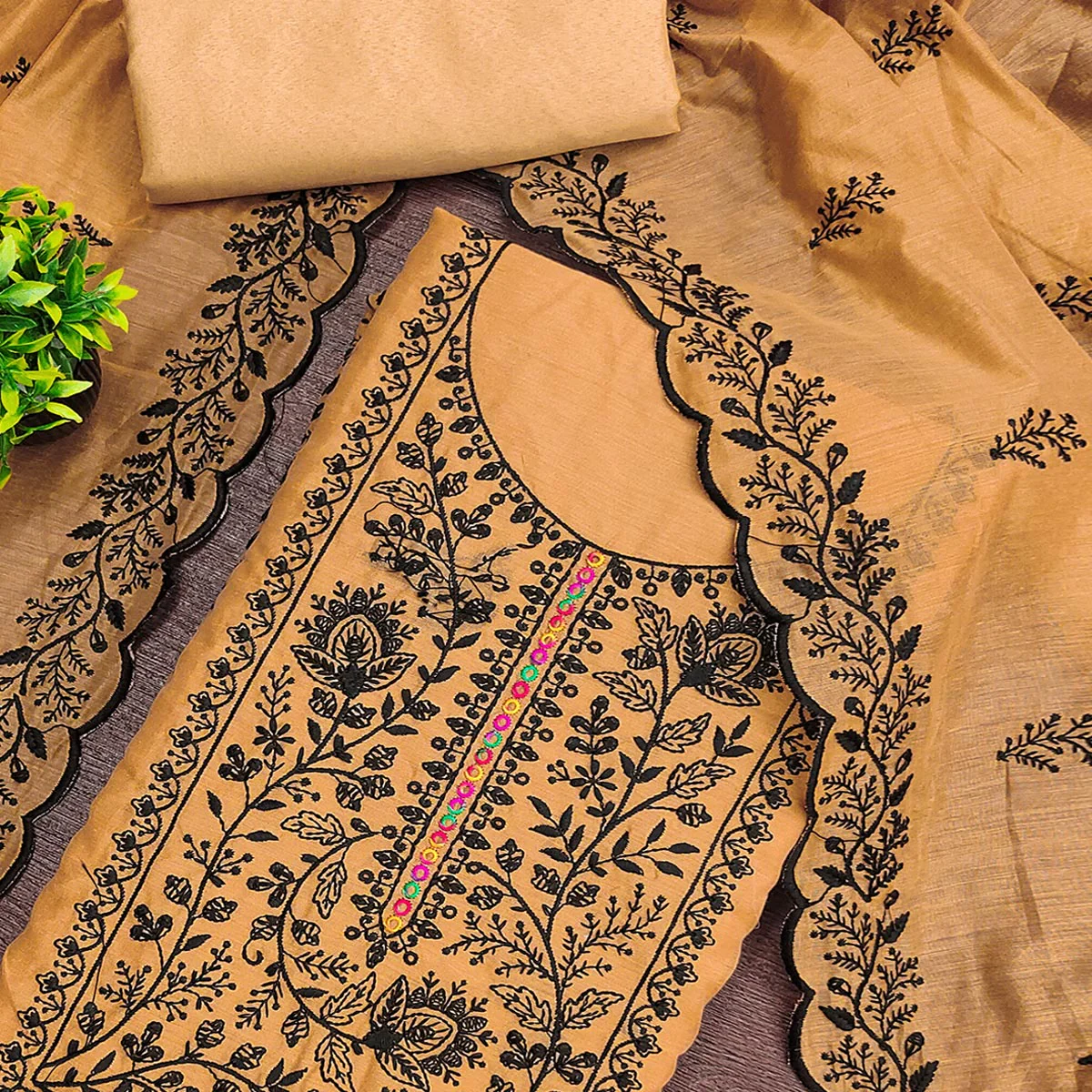 Chikoo Chanderi Cotton Dress Material Accented With Delicate Floral Thread Work - Image 2