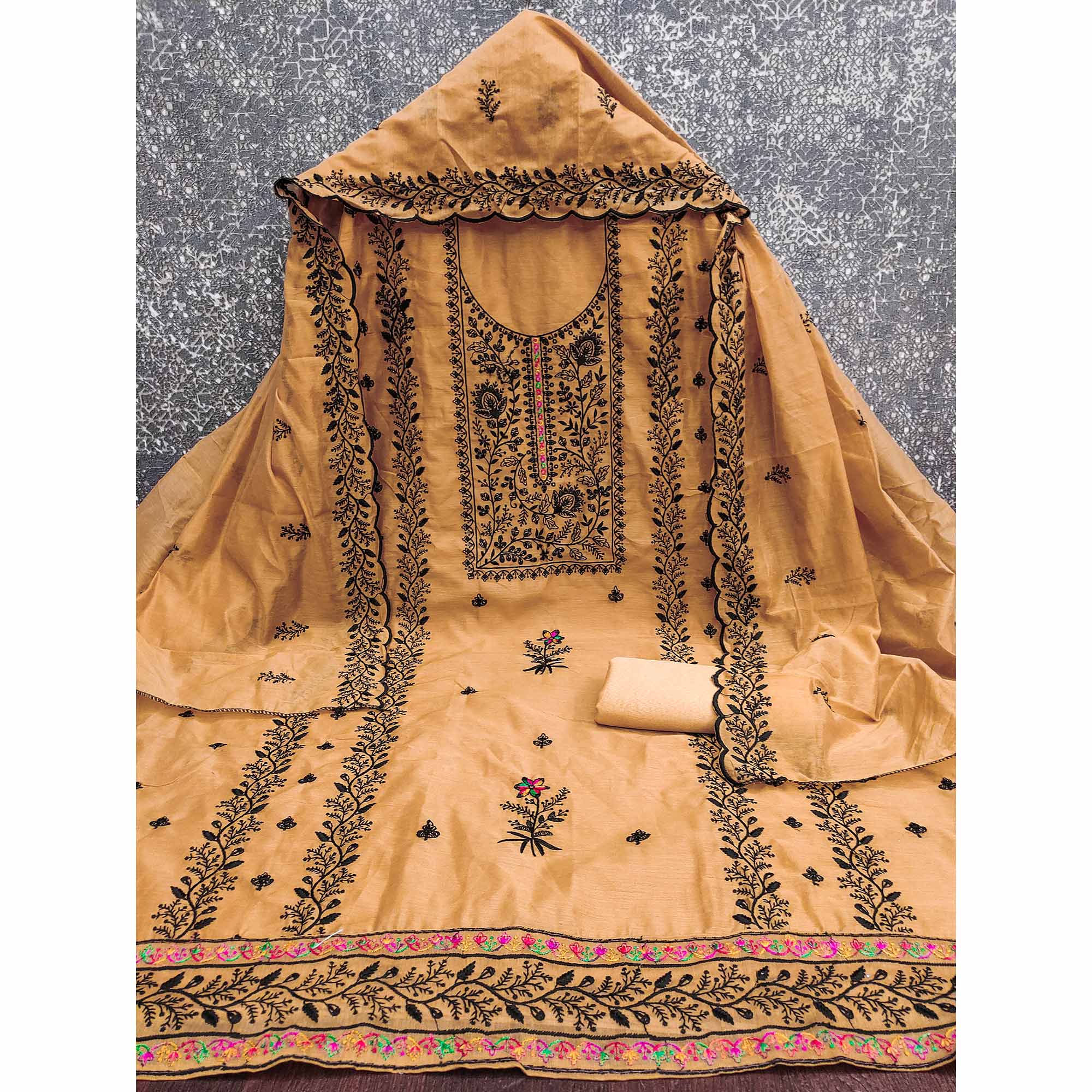 Chikoo Chanderi Cotton Dress Material Accented With Delicate Floral Thread Work - Image 3
