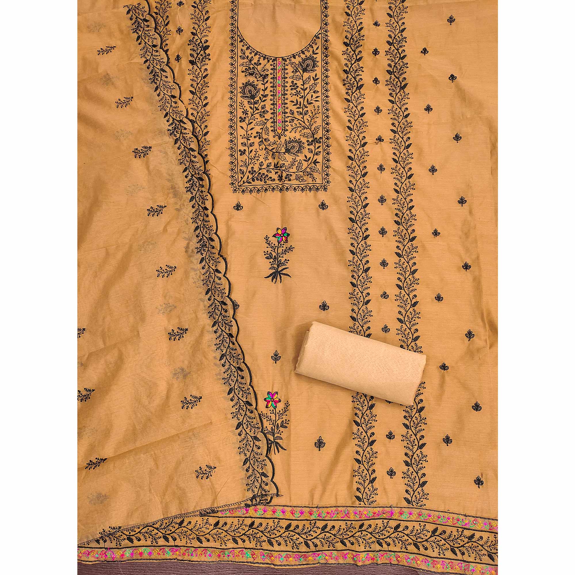 Chikoo Chanderi Cotton Dress Material Accented With Delicate Floral Thread Work - Image 4