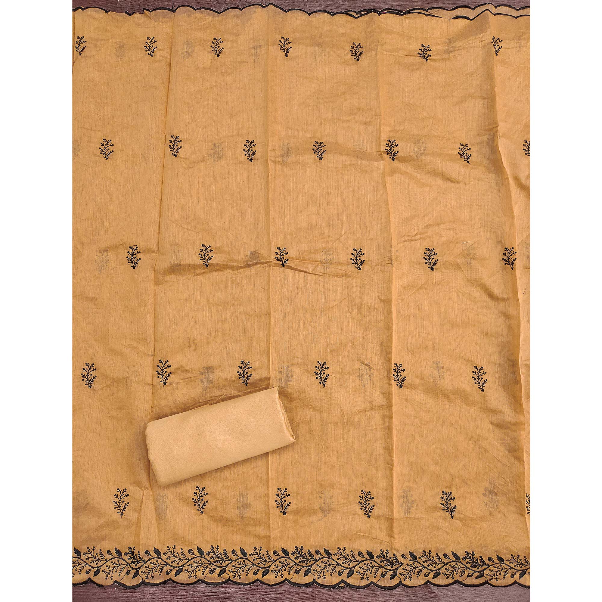 Chikoo Chanderi Cotton Dress Material Accented With Delicate Floral Thread Work - Image 5