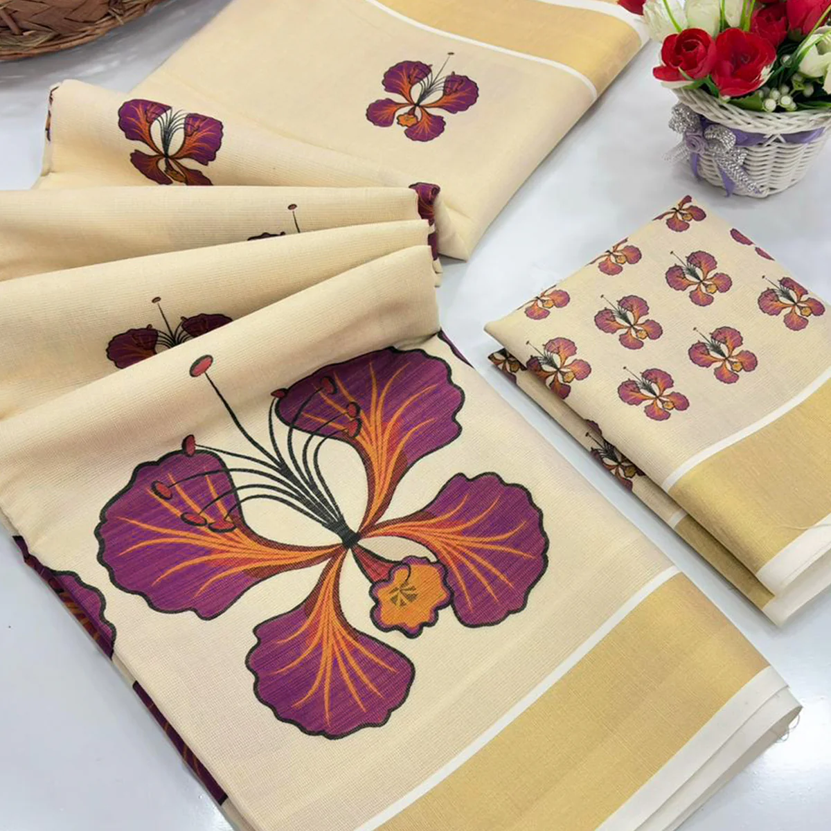 Chikoo Cotton Silk Saree Adorned With Floral Mill Print & Rich Zari Weaving Border Work - Image 2