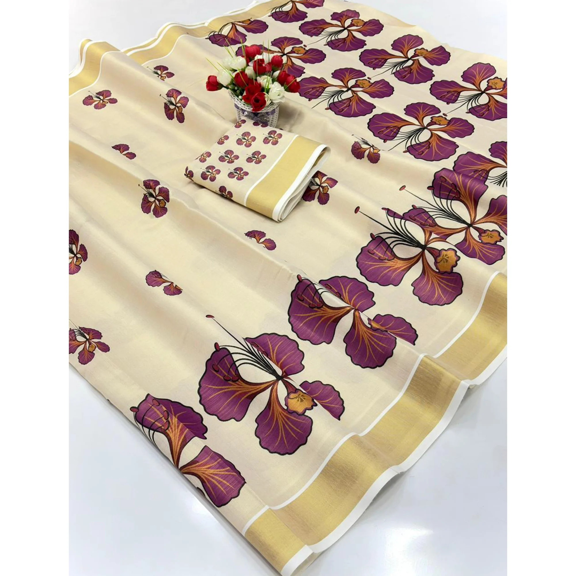 Chikoo Cotton Silk Saree Adorned With Floral Mill Print & Rich Zari Weaving Border Work - Image 3