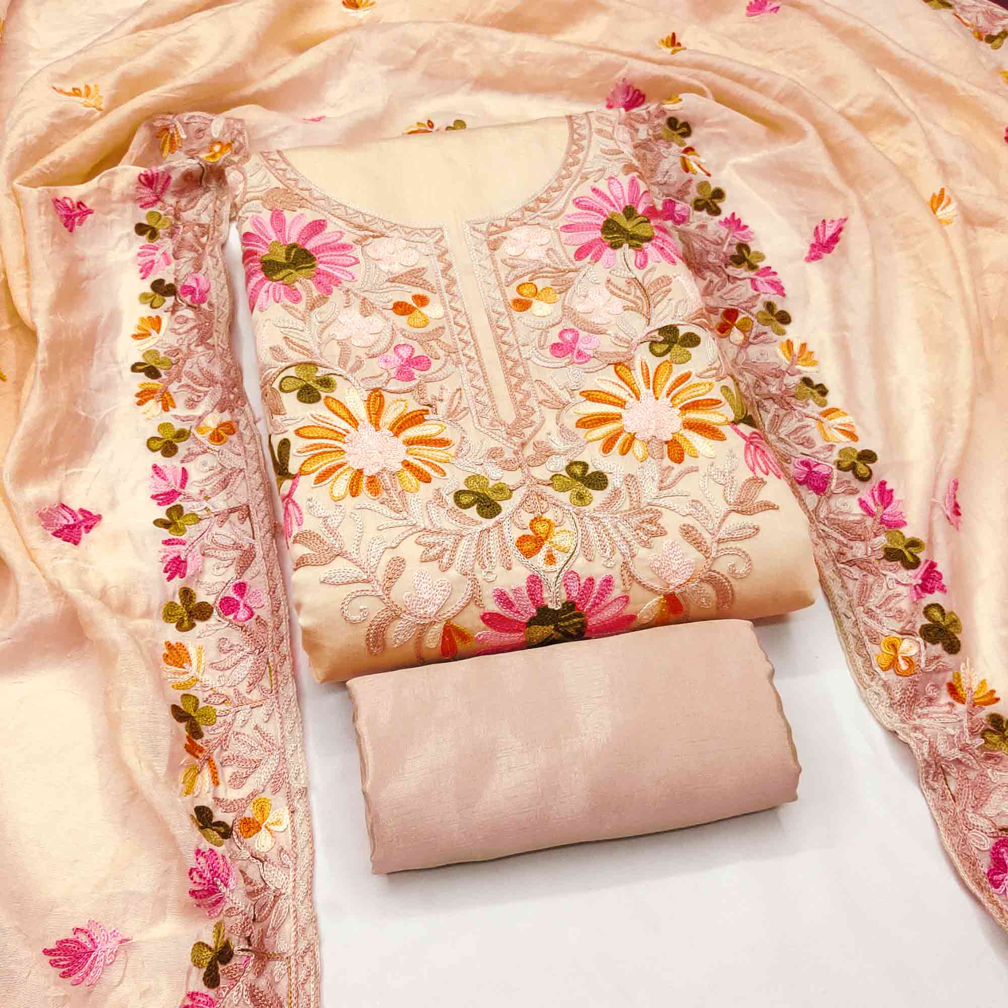 Chikoo Designer Roman Art Silk Dress Material Adorned With Floral Thread Embroidery Work - Image 3