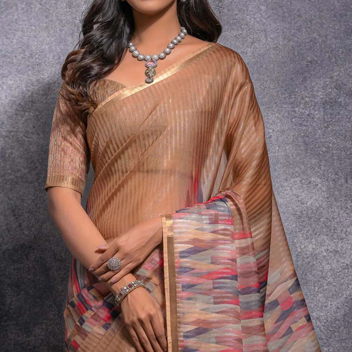 Chikoo Digital Printed Linen Saree With Woven Border - Image 3