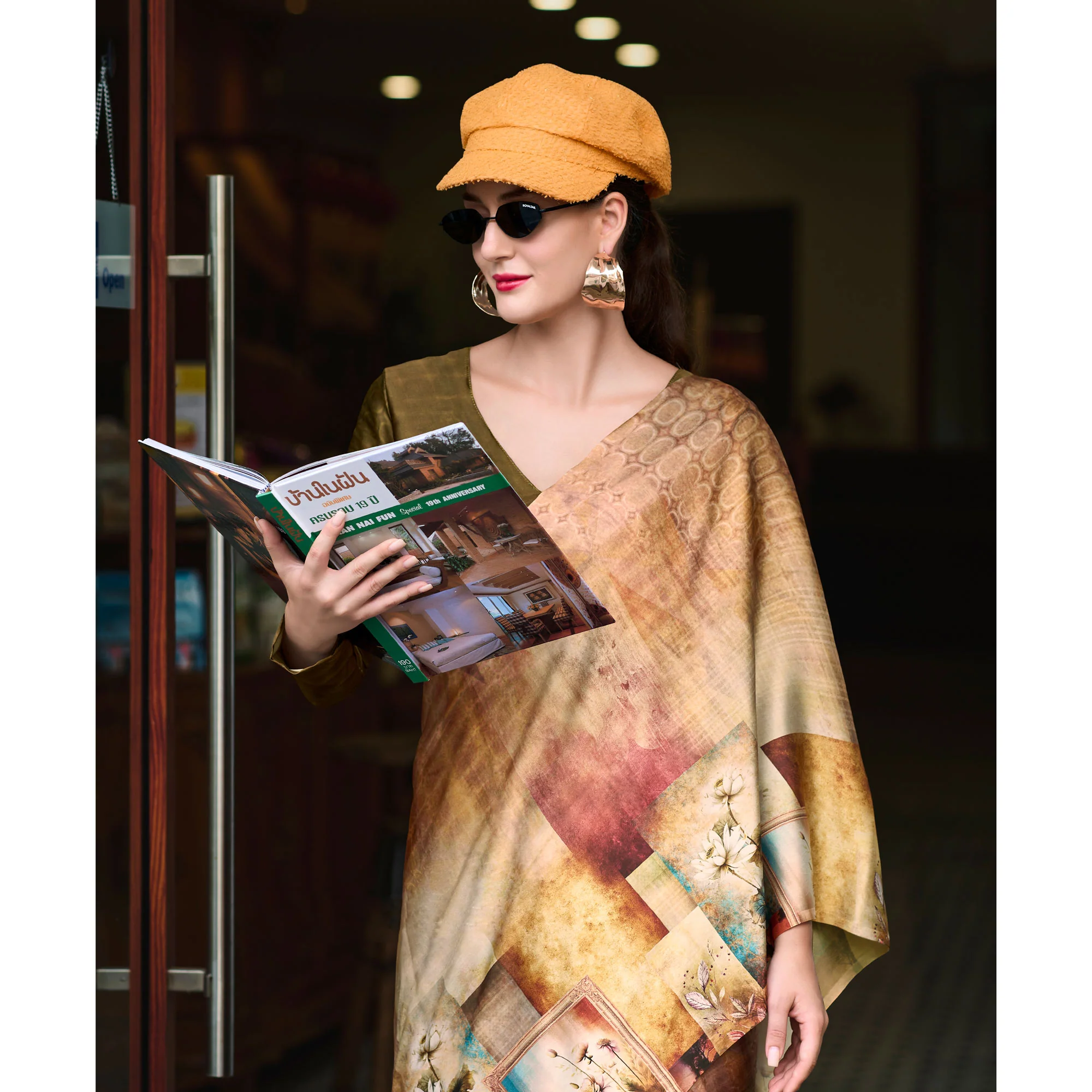 Chikoo Digital Printed Pure Satin Saree - Image 6