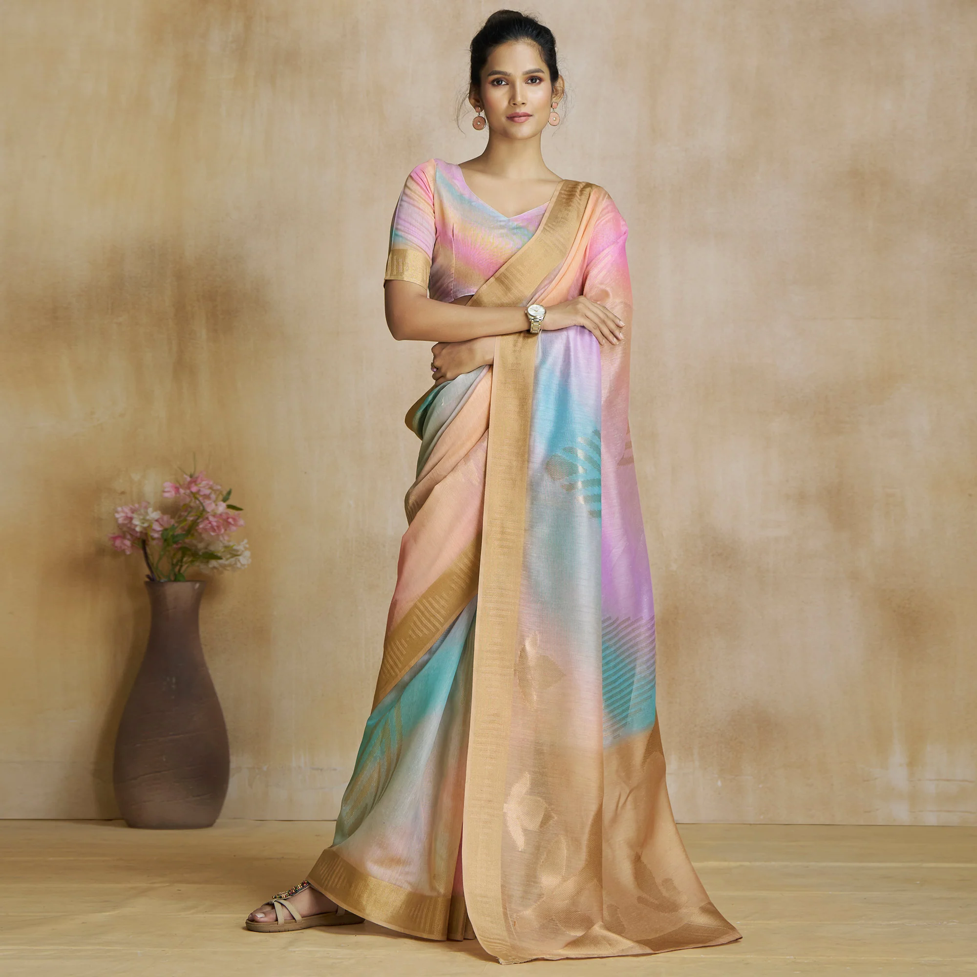 Chikoo Digital Printed With Woven Pure Silk Ombre Saree - Image 2