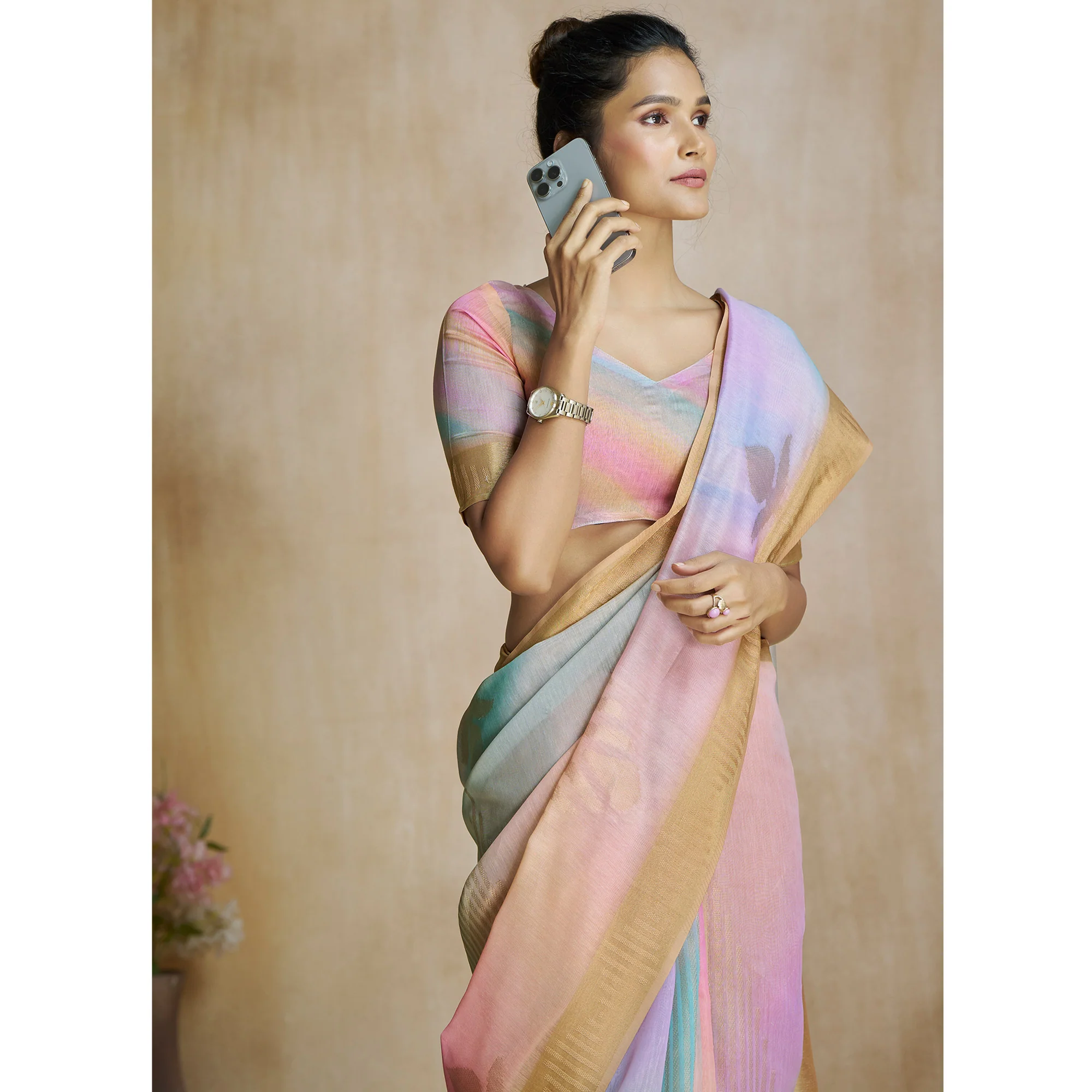 Chikoo Digital Printed With Woven Pure Silk Ombre Saree - Image 6