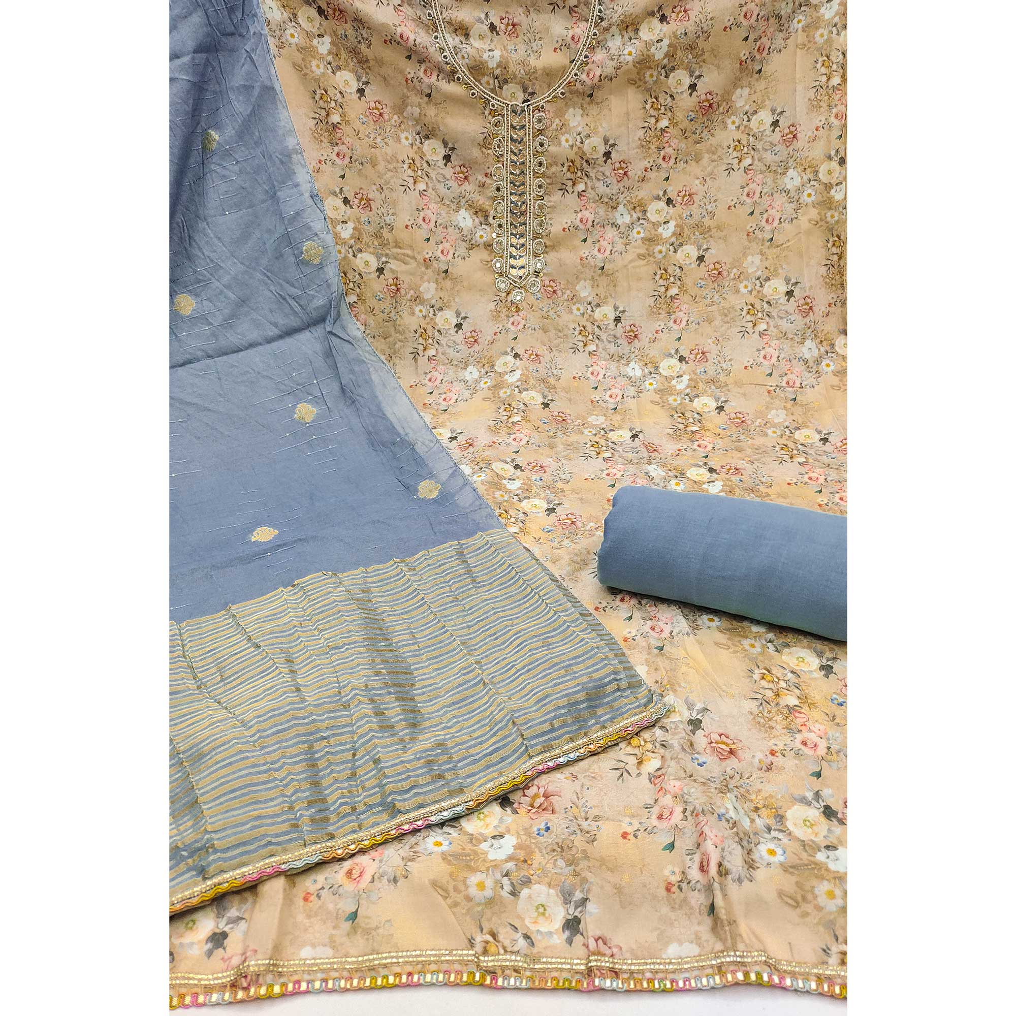 Chikoo Floral Digital Printed Cotton Blend Dress Material Embellished With Moti Hand Embroidery - Image 4