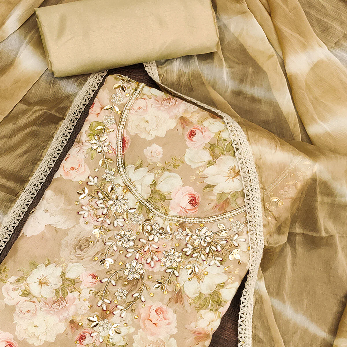 Chikoo Floral Digital Printed With Handwork Muslin Dress Material - Image 2