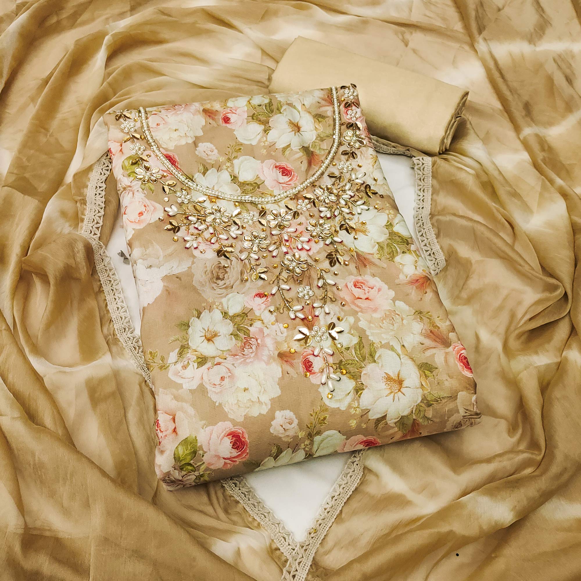 Chikoo Floral Digital Printed With Handwork Muslin Dress Material - Image 3