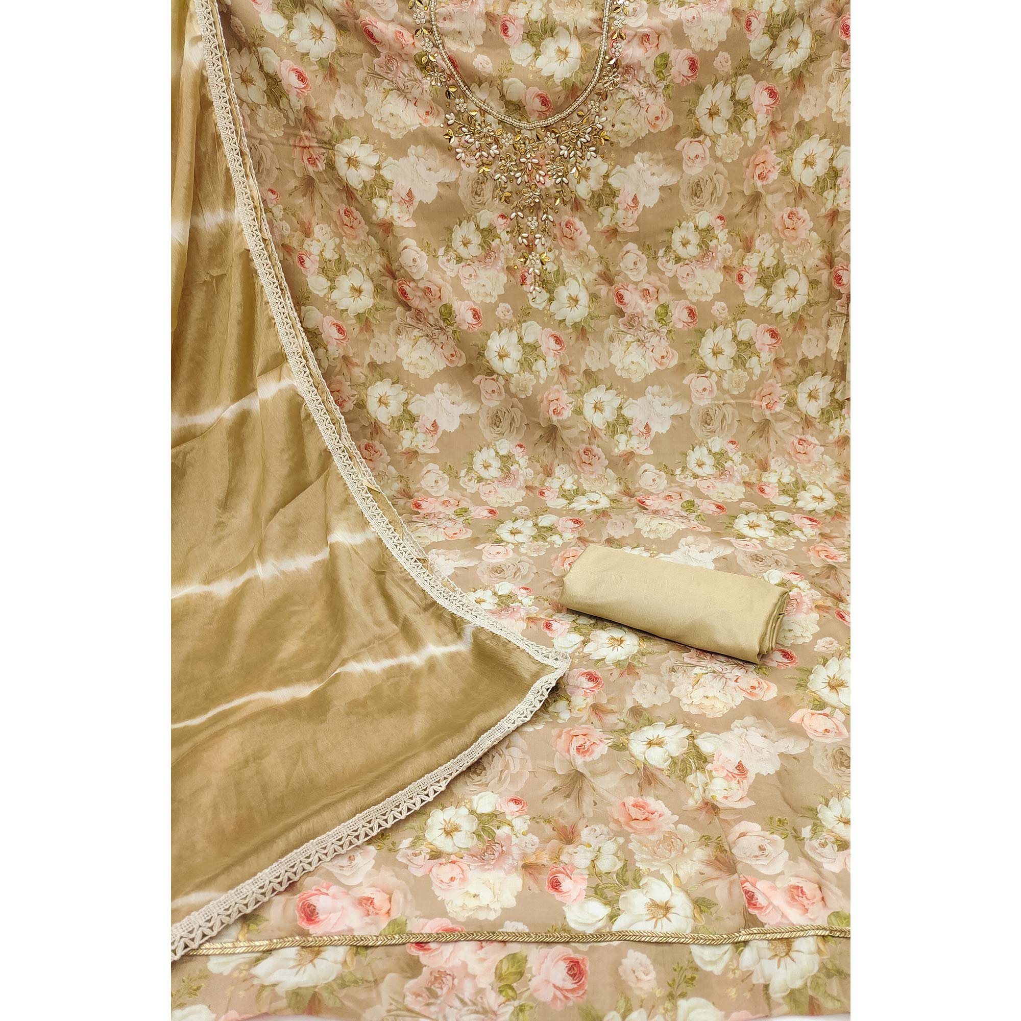 Chikoo Floral Digital Printed With Handwork Muslin Dress Material - Image 4