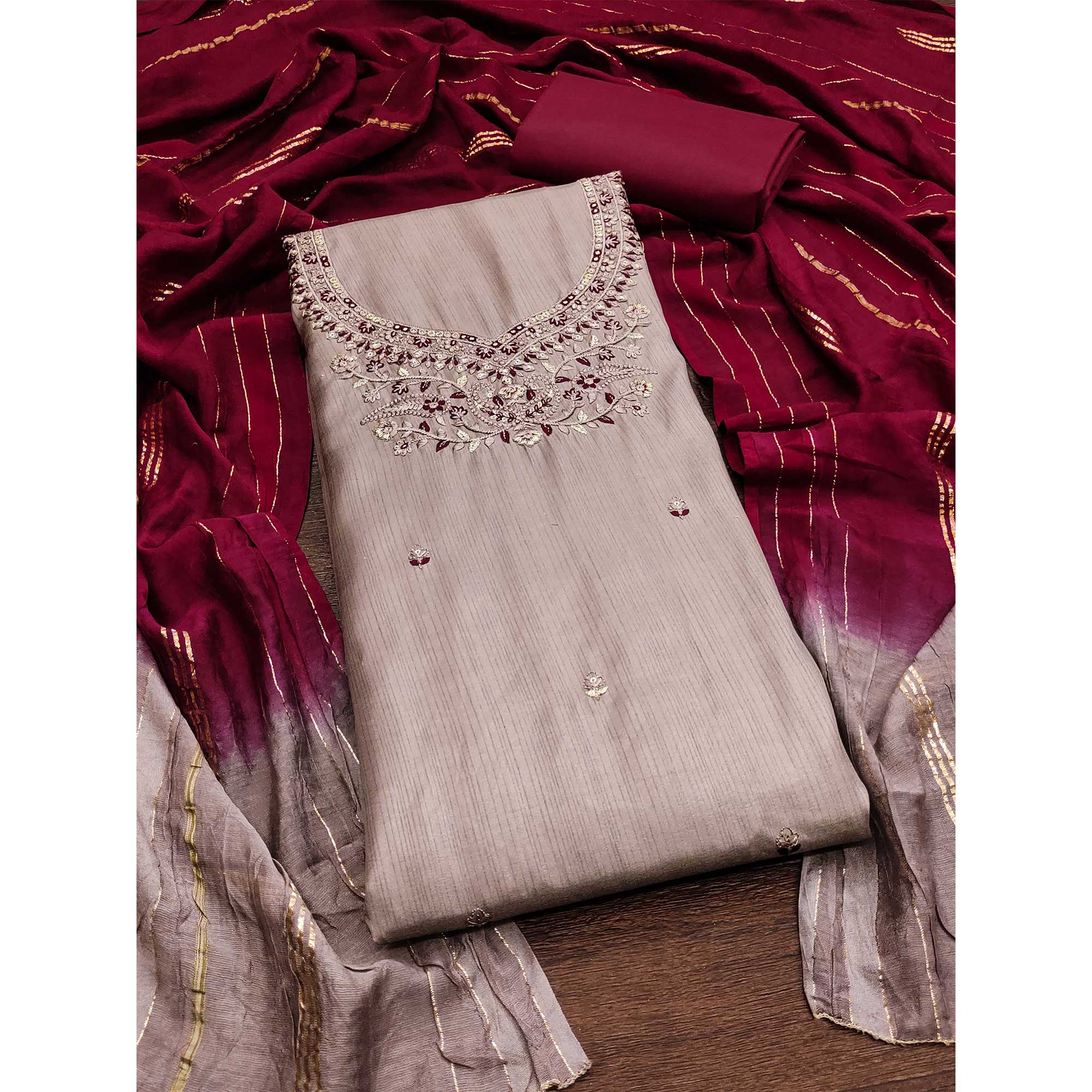 Chikoo Floral Embroidered Art Silk Dress Material - Image 3
