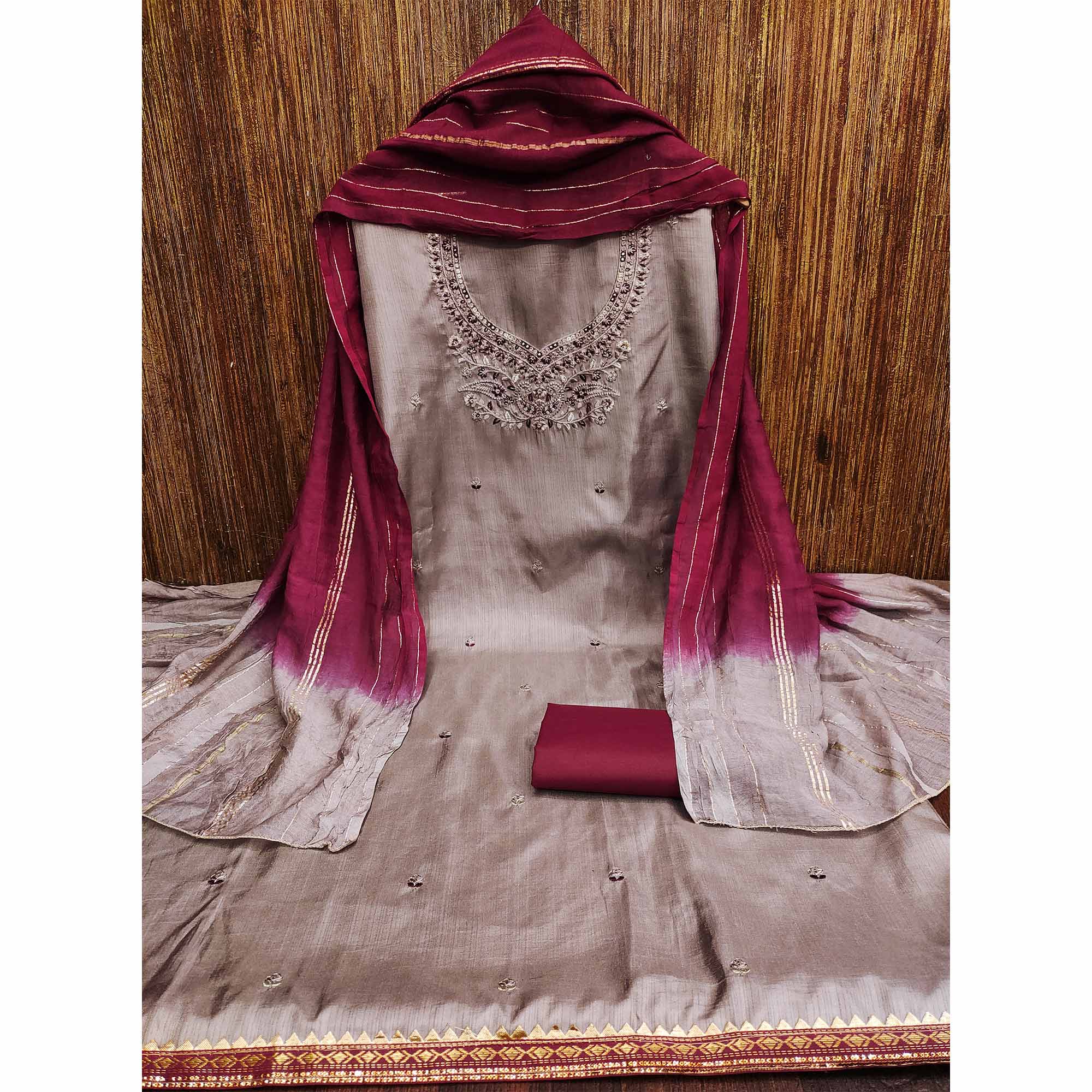 Chikoo Floral Embroidered Art Silk Dress Material - Image 4