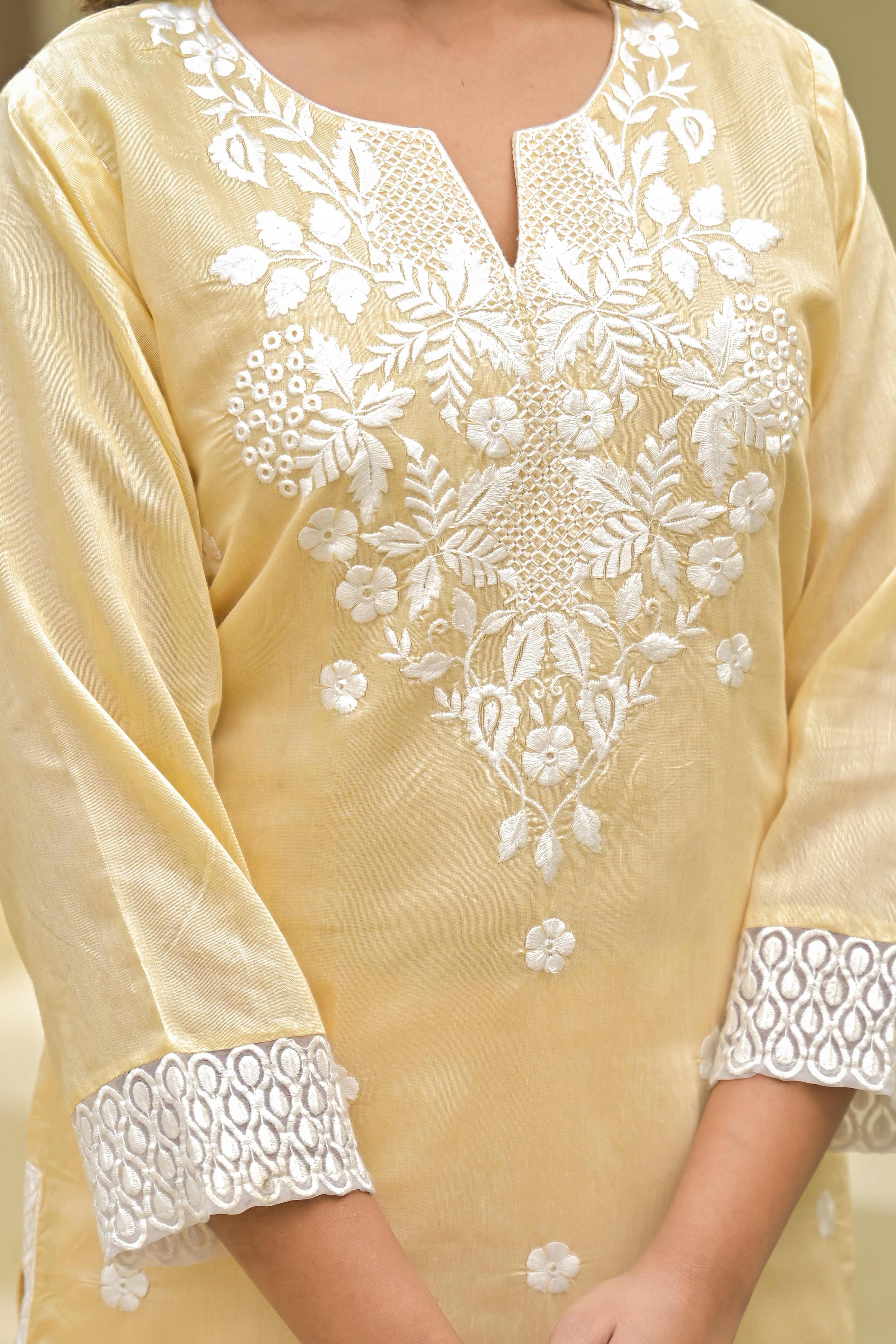 Chikoo Floral Embroidered Chanderi Kurti Pant Set - Image 2