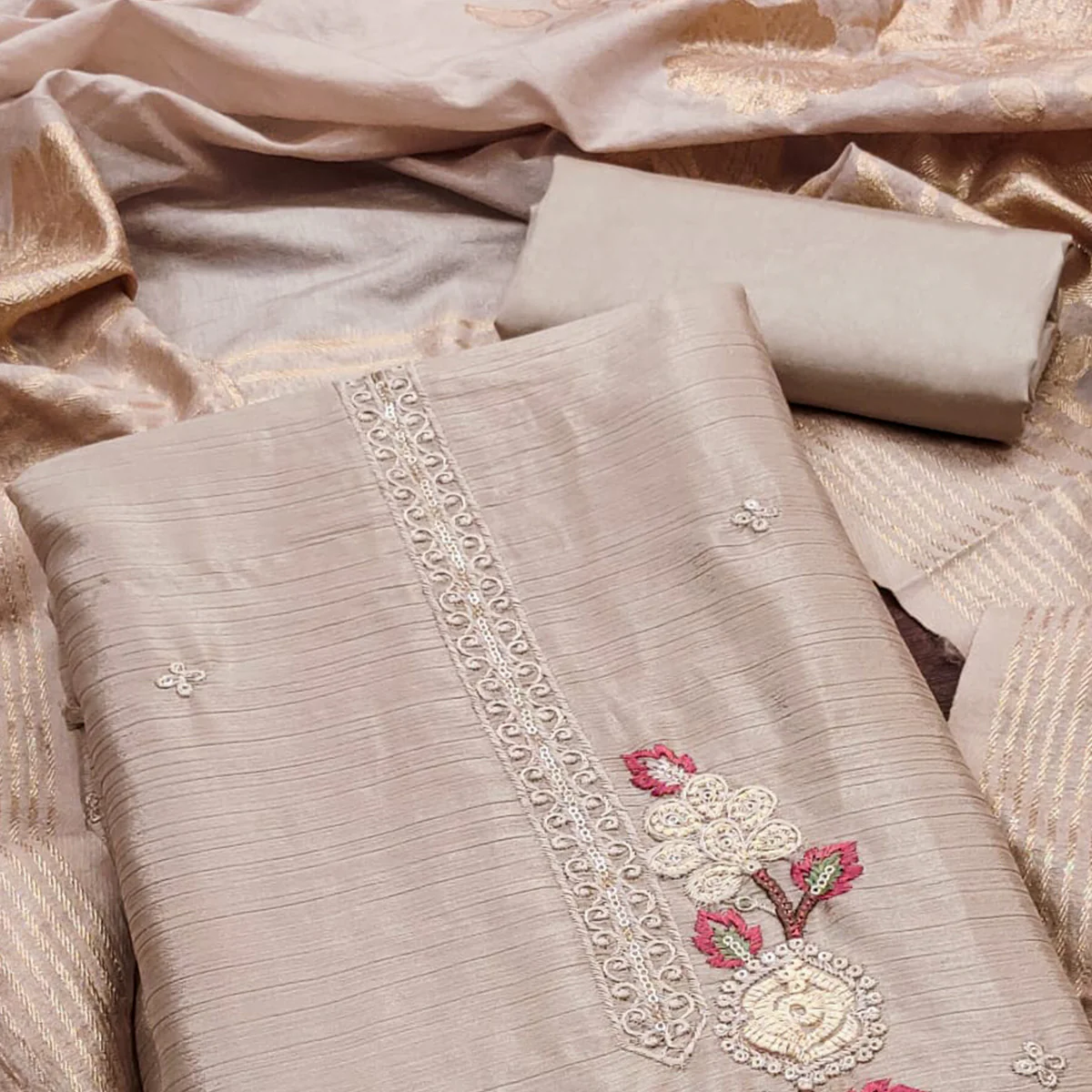 Chikoo Floral Embroidered Chinon Silk Dress Material - Image 2