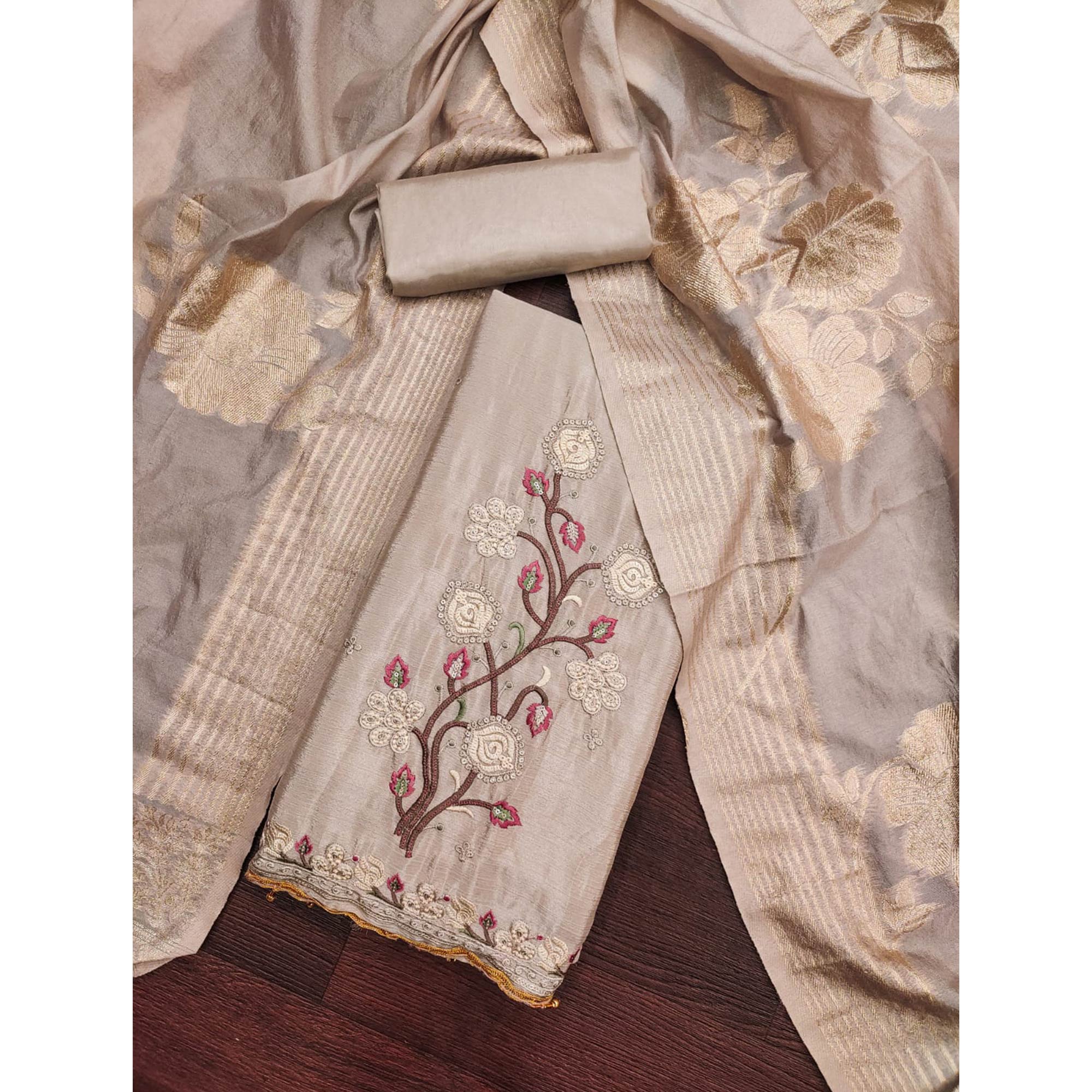 Chikoo Floral Embroidered Chinon Silk Dress Material - Image 3
