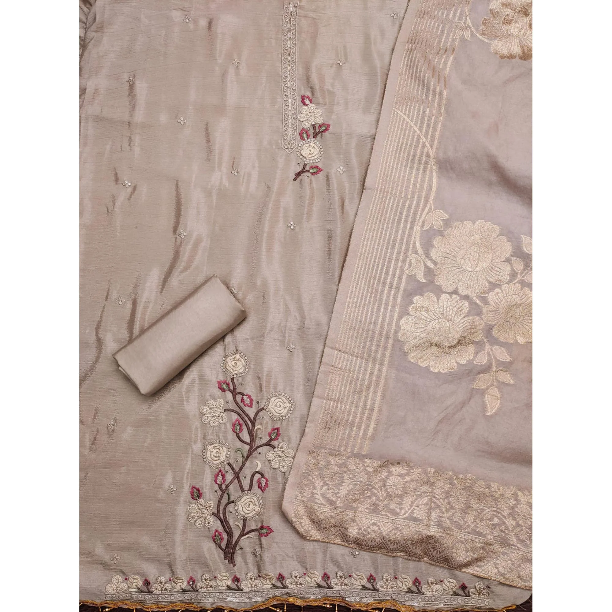 Chikoo Floral Embroidered Chinon Silk Dress Material - Image 4