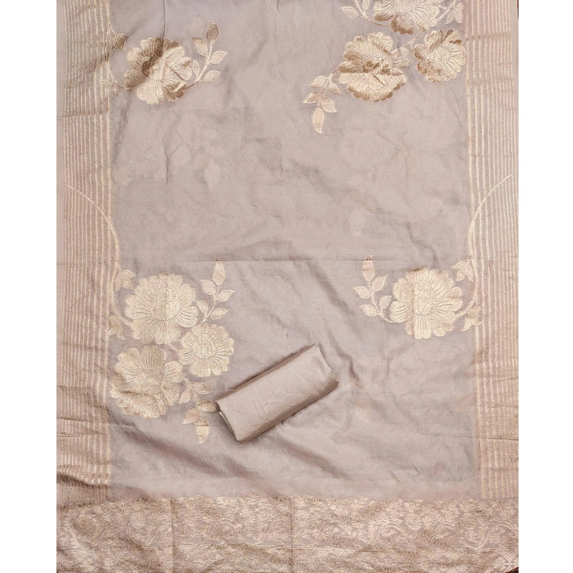 Chikoo Floral Embroidered Chinon Silk Dress Material - Image 5