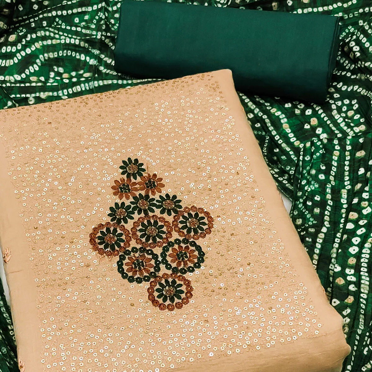 Chikoo Floral Embroidered Cotton Blend Dress Material Adorned With Sparkling Sequins Work - Image 2
