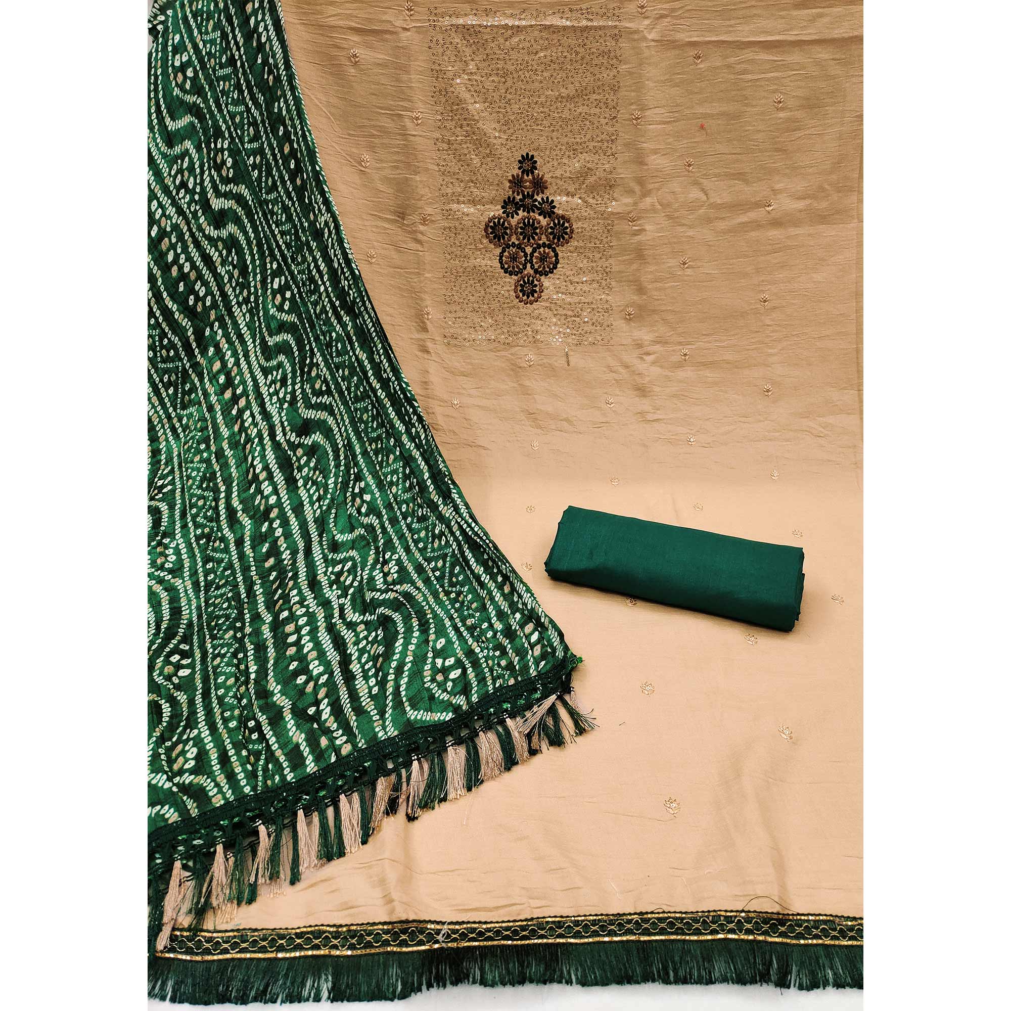 Chikoo Floral Embroidered Cotton Blend Dress Material Adorned With Sparkling Sequins Work - Image 4