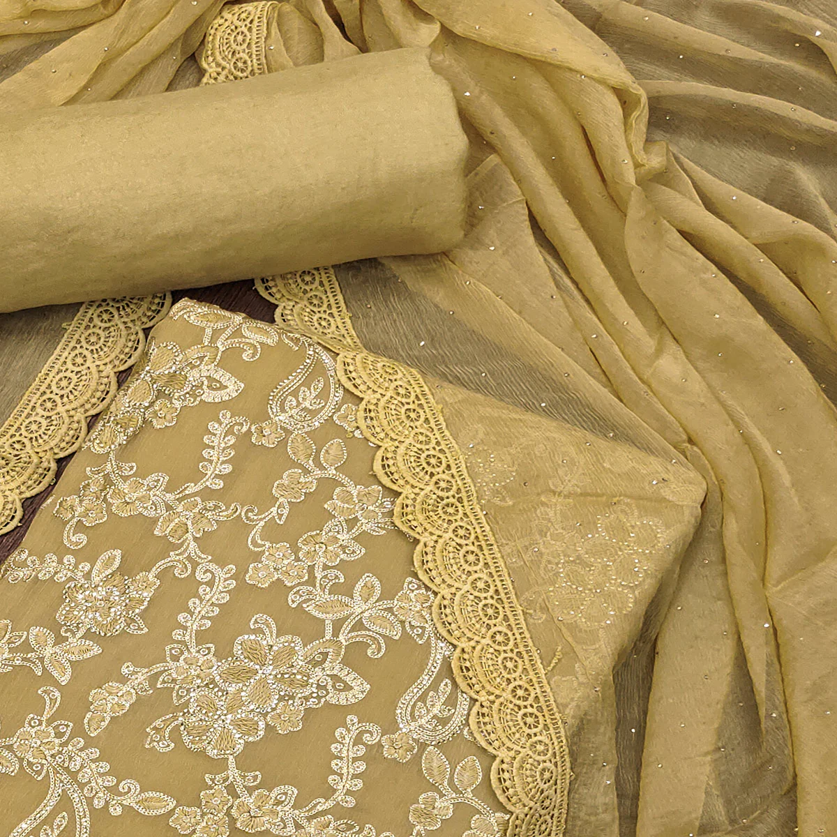 Chikoo Floral Embroidered With Stonework Chiffon Dress Material - Image 2